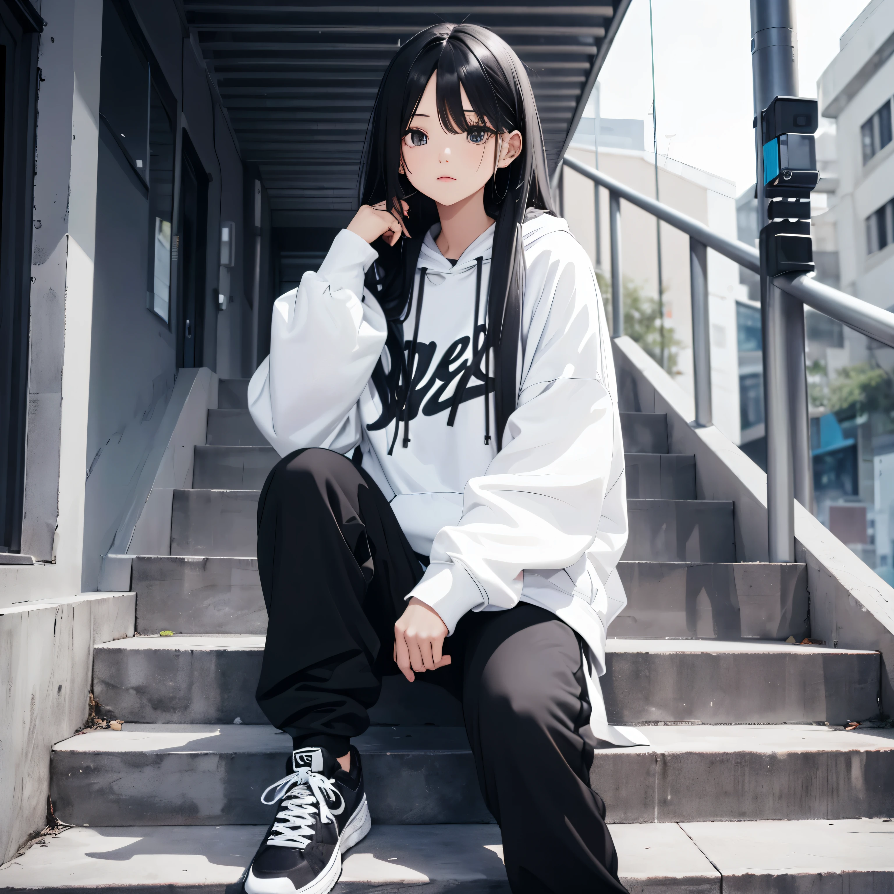 A beautiful and cute girl, long black hair, black and white hoodie, trousers, sneakers, decent, sit, tall, stand stairs, pretty 