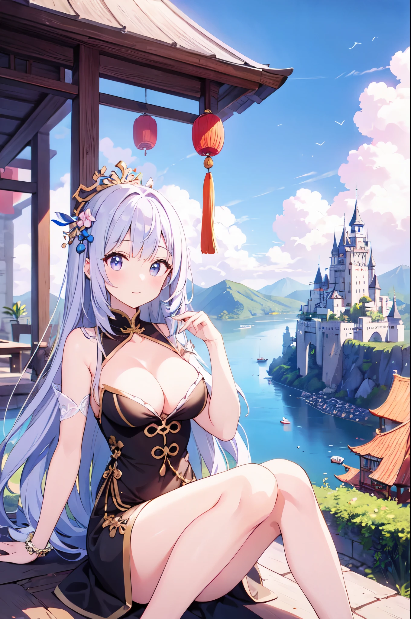 （masterpiece）、(highest quality)、((Super detailed))、(super delicate)、naughty chinese princess、Pastel colors hair、beautiful breasts、gorgeous mountain castle、Fantastic lake、Looking up from under your feet