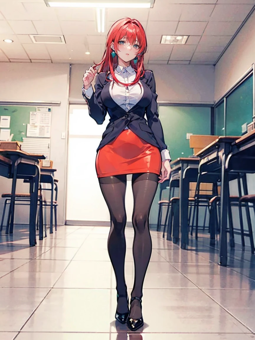 illustration by Hiroko Takashiro, elegant, delicate, reflection, shine, sharp focus, detailed painting, masterpiece, standing near blackboard, holding chalk, classroom, (red hair: 1.05), long hair, lipstick, makeup, (eyes black: 1.05), earrings, (black stockings, 1.1), pencil skirt, high heels, blazer