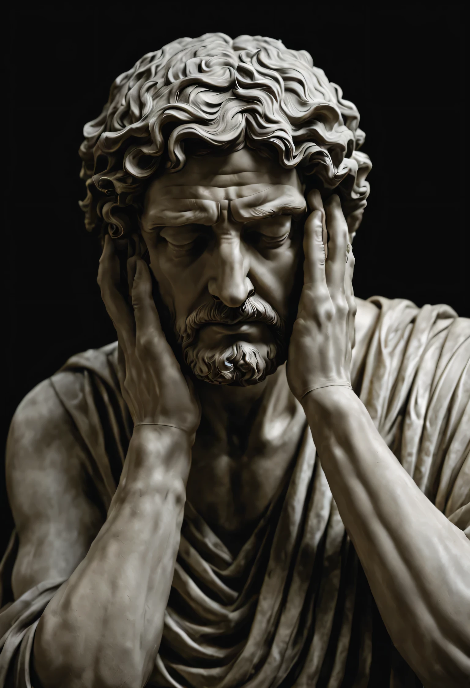 Stoic marble statue of the philosopher Seneca with both hands on his head, de desespero, rosto de perto, hiper-realista, fundo escuro, qualidade de fundo 4K