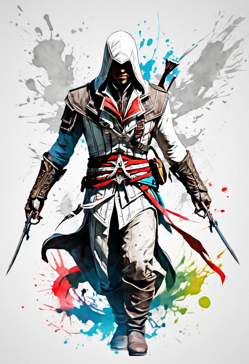 Ink Style Figure, Assassin's Creed, clear style, modern art, colorful Ink style, thin Ink lines