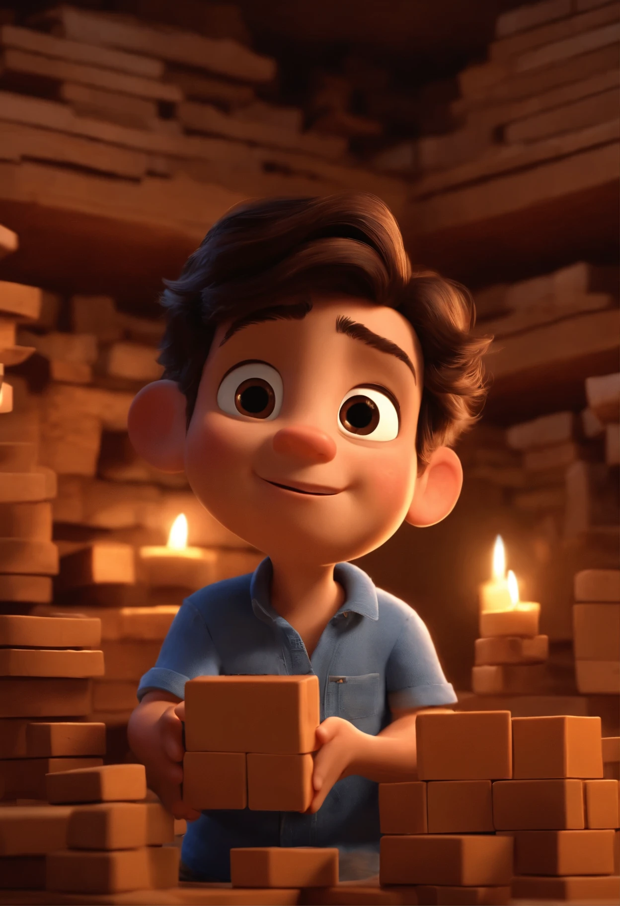 Imagem estilo Pixar com personagem 3D um jovem Lucas, com olhos cintilantes cheios de curiosidade, Holds construction blocks in eager hands. His dark hair falls messily as he smiles, immersed in the magic of creation. Ao fundo, the mysterious attic, filled with shadows and promises of architectural secrets, aguarda ser explorado. Uma luz suave ilumina a cena, highlighting the boy's determined expression as he prepares to unravel the mysteries hidden within the pages of "Arquitetura dos Sonhos", Pixar, Disney, cinema lighting,