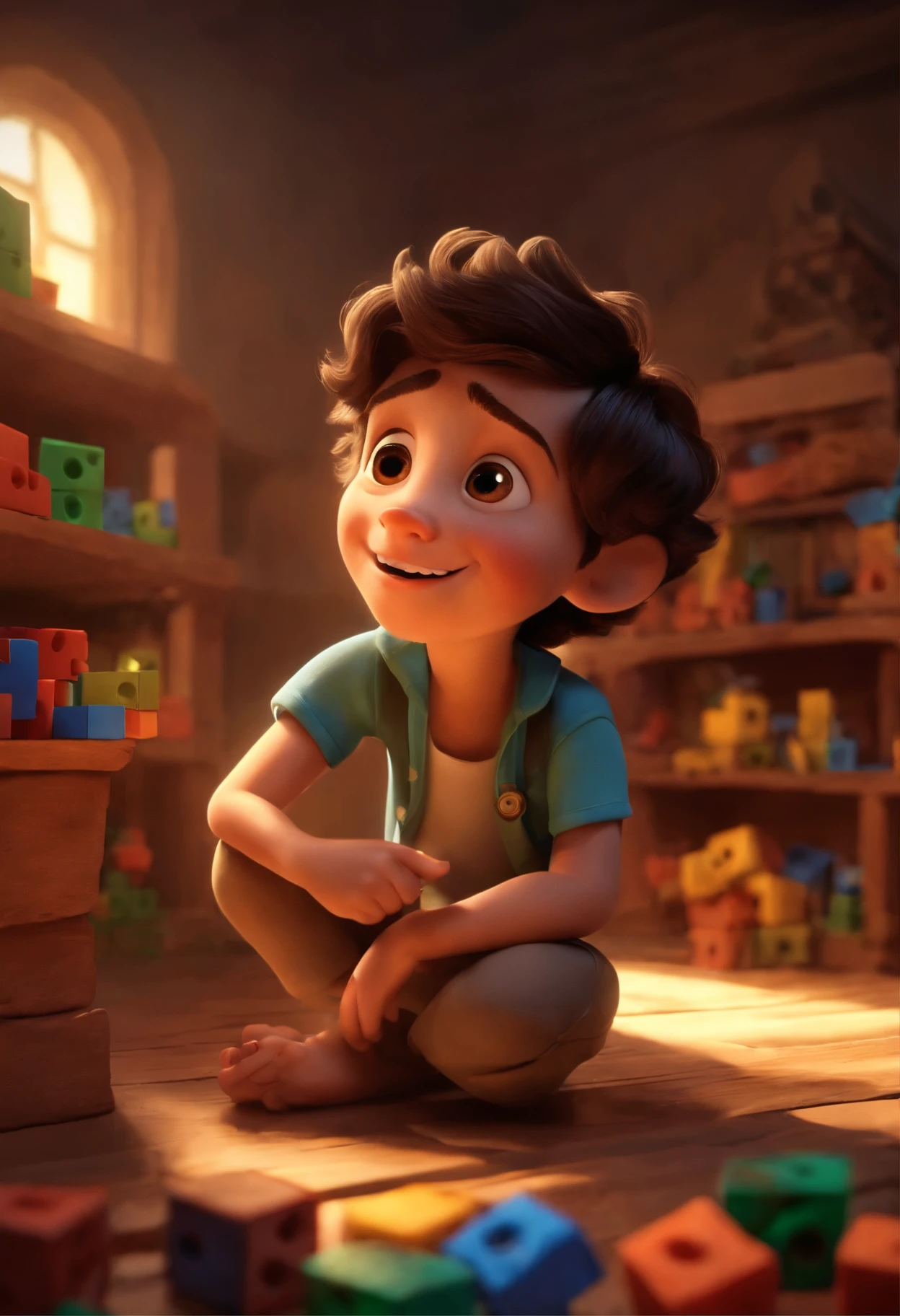 Imagem estilo Pixar com personagem 3D um jovem Lucas, com olhos cintilantes cheios de curiosidade, Holds construction blocks in eager hands. His dark hair falls messily as he smiles, immersed in the magic of creation. Ao fundo, the mysterious attic, filled with shadows and promises of architectural secrets, aguarda ser explorado. Uma luz suave ilumina a cena, highlighting the boy's determined expression as he prepares to unravel the mysteries hidden within the pages of "Arquitetura dos Sonhos", Pixar, Disney, cinema lighting,