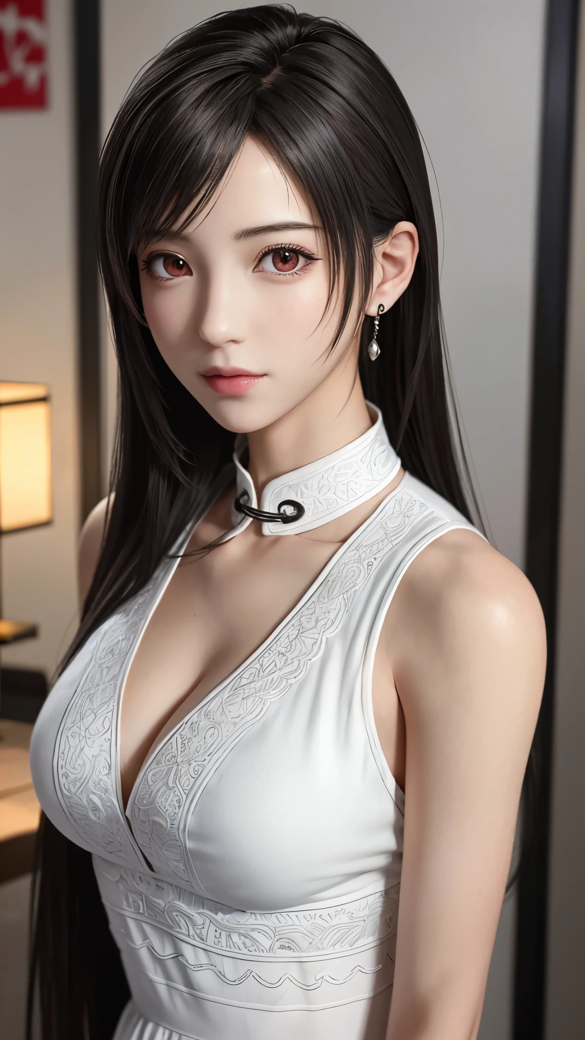(top quality, masutepiece: 1.1), (Realistic: 1.3), (photoRealistic: 1.3),wallpapers, BREAK (((FF7,Tifa_lockhart))),/(red cheongsam with floral embroidery/),/(chinese restaurant indoors/),(gravure pose:1.3,nogizaka idol),Ultra-detailed face, Detailed eyes,Red eyes, BREAK (((FF7,Tifa_lockhart))),(black brown hair, Large breasts: 1.2), BREAK , About 18 years old,kawaii,sensual,