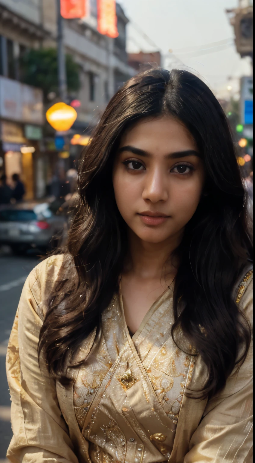 ultra-realistic photographs,Indian Instagram female model,mid 20s,9:16,mid-shot,beautiful detailed eyes,detailed lips,longeyelashes,long black wavy hair, naturally full eyebrows,perfectly formed nose,expressive face,attractive appearance,candid photo,vibrant and colorful frock, heavily embroidered, golden hour street background, serene atmosphere,stunning architecture,soft and natural lighting,vivid colors,photorealistic,HDR,highres,studio lighting,ultra-detailed,bokeh,fully covered clothes