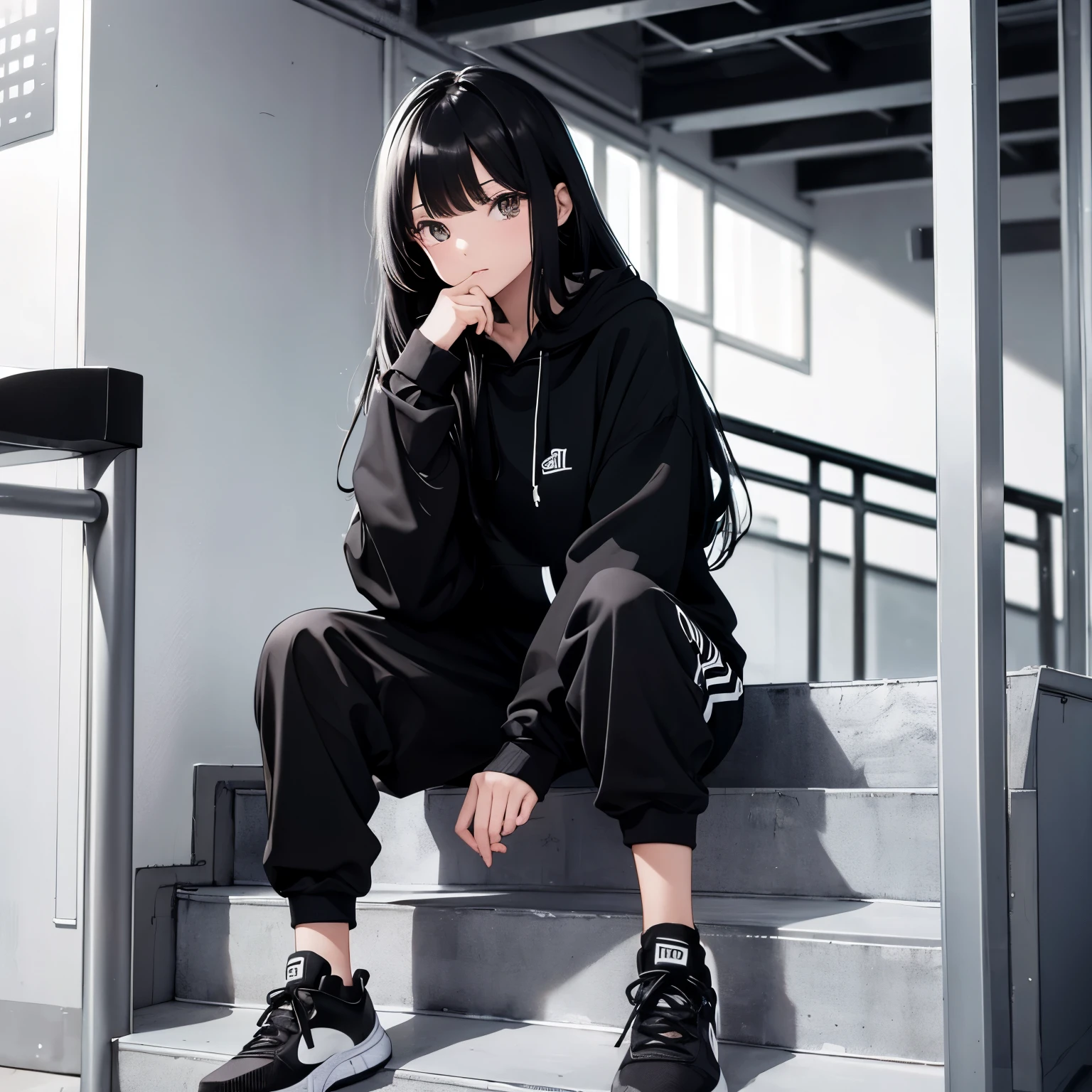 A beautiful and cute girl, long black hair, black and white hoodie, trousers, sneakers, decent, sit, tall, stand stairs, pretty 