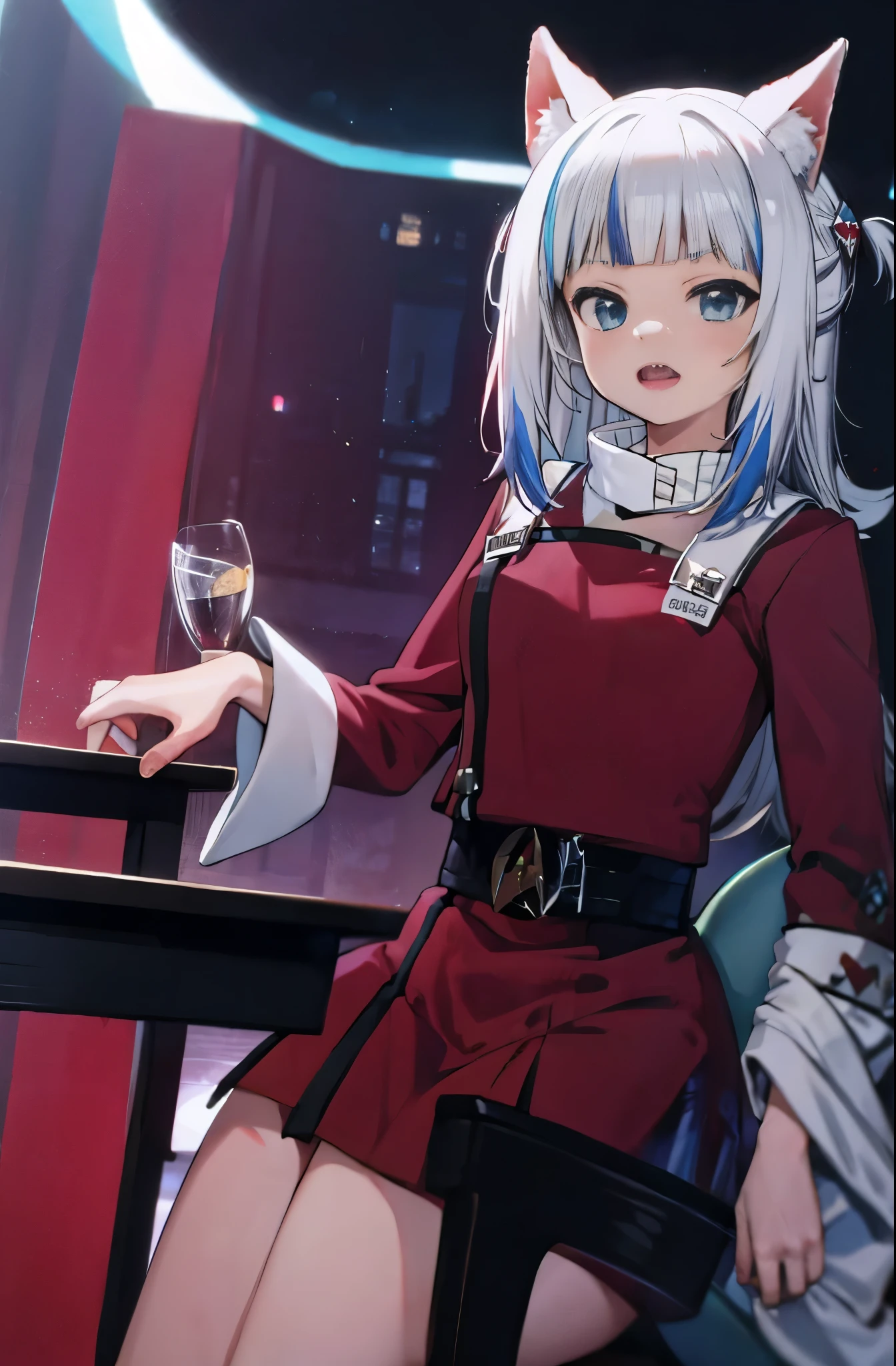 gawr gura
sharp teeth, shark tail
red twokunf uniform