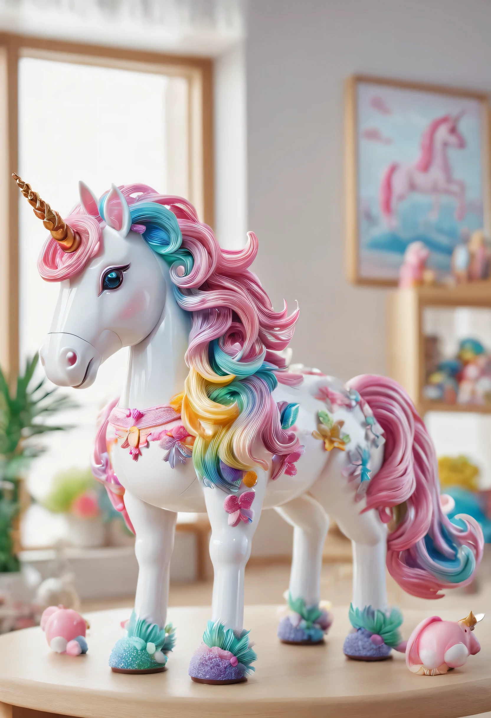 (best quality,4K,8k,high-rise building,masterpiece:1.2),super detailed,Beautiful unicorn,Toys on children's table'Room