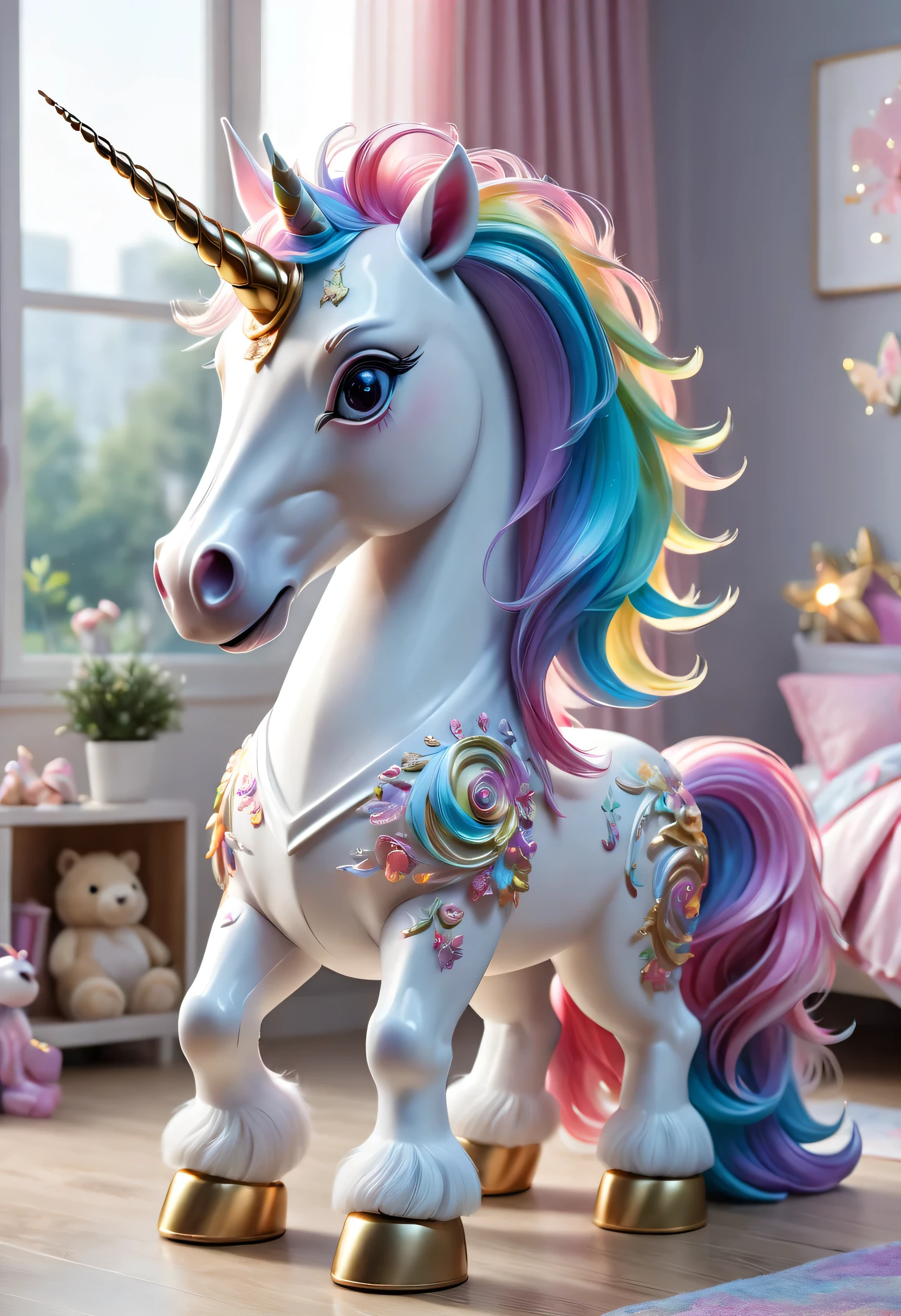 (best quality,4K,8k,high resolution,masterpiece:1.2),Super detailed。Beautiful unicorn,Toy,Child's room