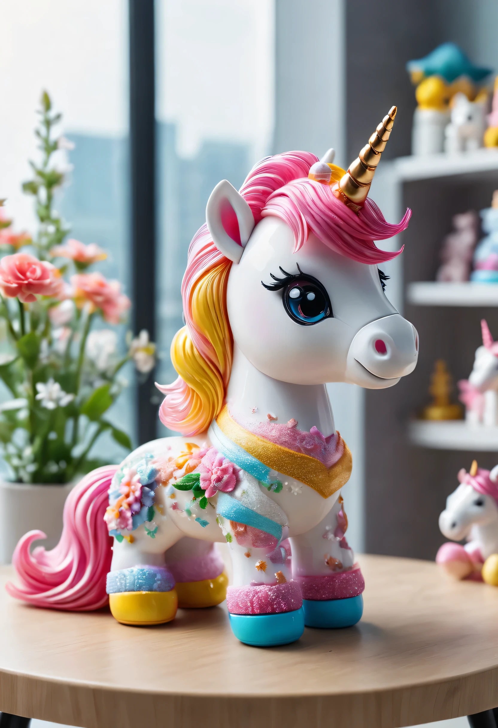 （best quality，4K，8k，high-rise building，masterpiece：1.2），super detailed，Beautiful cute unicorn，Toys on children&#39;s table&#39;Room