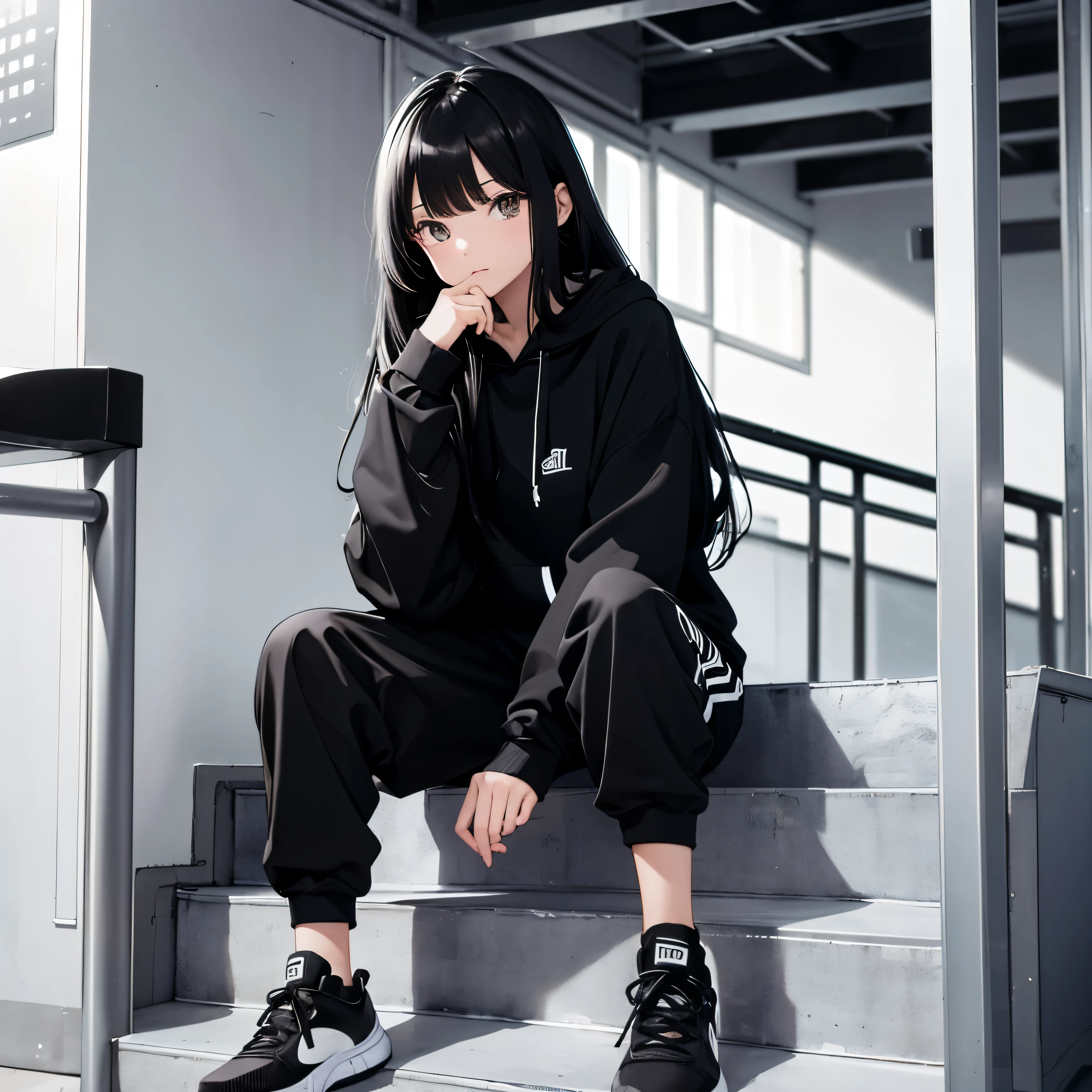 A beautiful and cute girl, long black hair, black and white hoodie, trousers, sneakers, decent, sit, tall, stand stairs, pretty