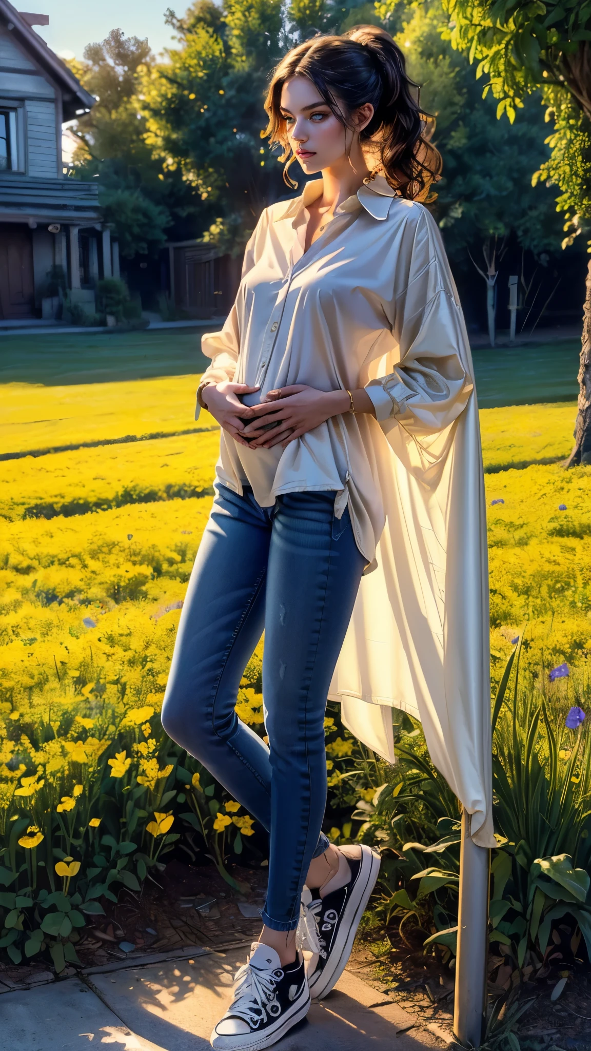 ((masterpiece, best quality, highres, ultra-detailed),(beautiful and aesthetic:1.2), 1woman, adult, perfect body, wavy dark hair, green eyes, high short ponytail, handsome, detailed eyes and face, oversized long shirt, skinny jeans, converse sneakers, golden hour, field of flowers, intricate details, pregnancy 