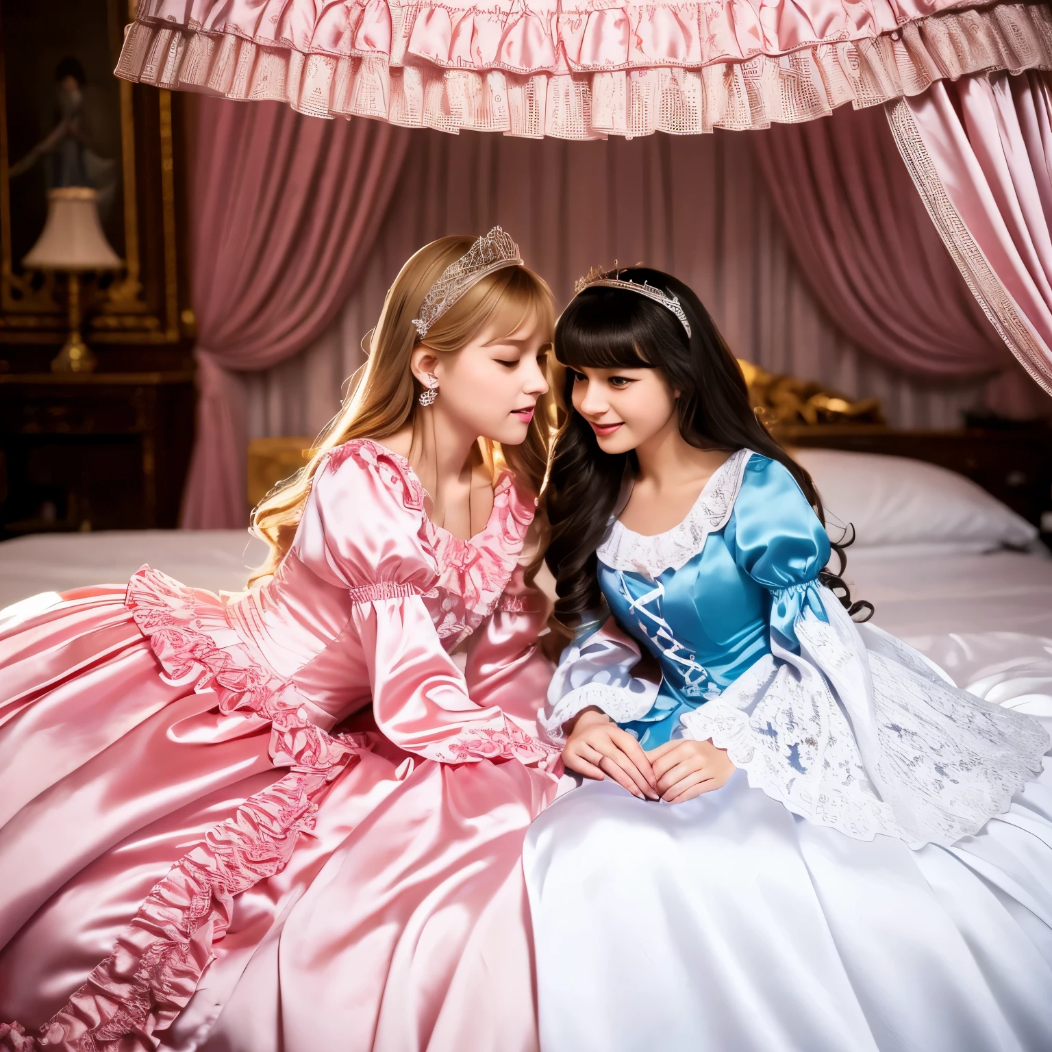 ,highest quality, masterpiece, highest resolution, artwork, super それにget used to it, many get used to it, get used to it, それにget used to it, 3K realistic photos,,((10 year old girl)),Super detailed baby face,the two girls are princesses,Full length ball gown dress with hoop skirt,ruffle yoke collar,puff sleeves,long sleeve,((Lolita style hot pink detailed princess satin dress、Comes with lots of frills and ribbons。)),colorful rococo fashion,shiny satin dress,Soft and smooth fabric,luxury,long blonde hair,blue eyes,white skin european,pajamas,((inside the palace)),,,(( of 10 years old)),Super detailed baby face,Full length ball gown dress with hoop skirt,long skirt,ruffle yoke collar,puff sleeves,腰まで伸びるlong blonde hair,blue eyes,white skin european,pajamas,((inside the palace bedroom)),シルクサテンのluxuryなcanopy bedの上,canopy bed,Luxurious curtains on both sides of the bed,many frilly pillows on the bed,super detailed background,Detailed bed,romantic atmosphere,two little princesses on the bed,Two people are hugging each other,((((Both legs are hidden in the dress)))),the dress is spread out on the bed,soft silk satin comforter,soft silk satin ruffled pillow,Beautiful girl illustration,detailed beautiful face detailed hair,detailed human eye ,detailed mouth, arm details,fine hands,Detailed pillow,