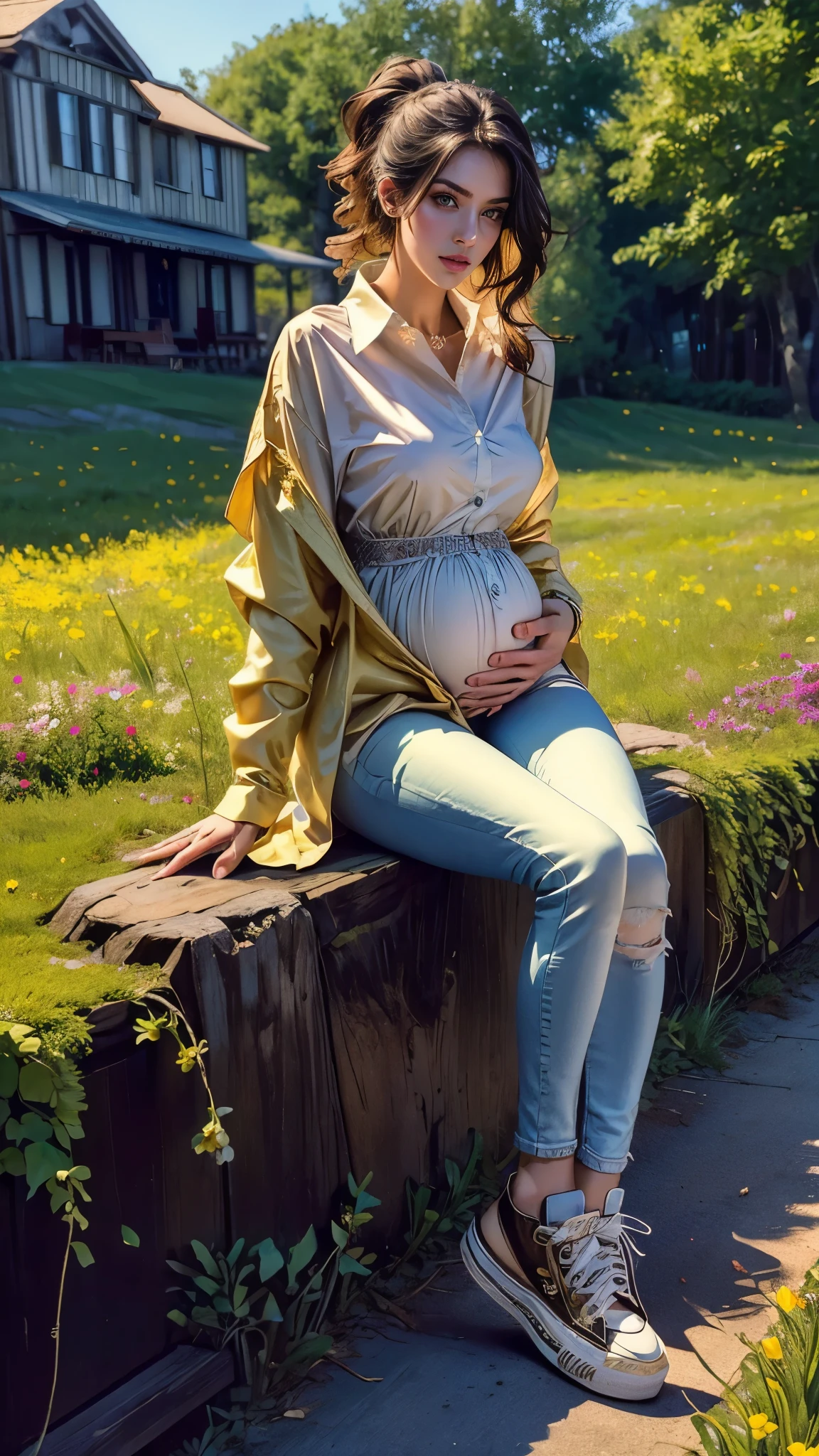 ((masterpiece, best quality, highres, ultra-detailed),(beautiful and aesthetic:1.2), 1woman, adult, perfect body, wavy dark hair, green eyes, high short ponytail, handsome, detailed eyes and face, oversized long shirt, skinny jeans, converse sneakers, golden hour, field of flowers, intricate details, ????????? 