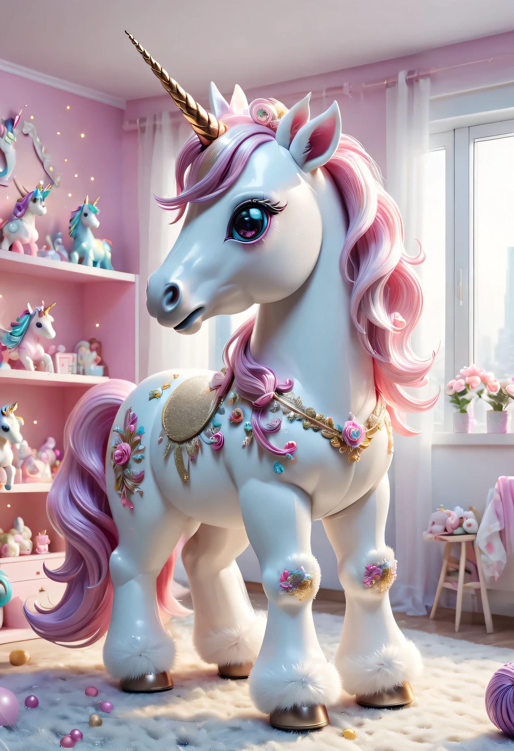 (best quality,4K,8k,high-rise,masterpiece:1.2),Super detailed, beautiful and cute unicorn,Toy,childs room