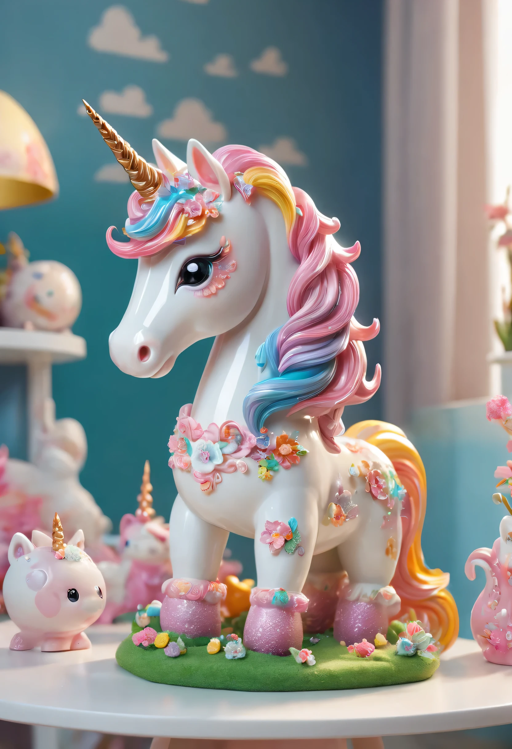 （best quality，4K，8k，high-rise building，masterpiece：1.2），super detailed，Beautiful cute unicorn，Toys on children&#39;s table&#39;Room，ceramics，colorful、bright