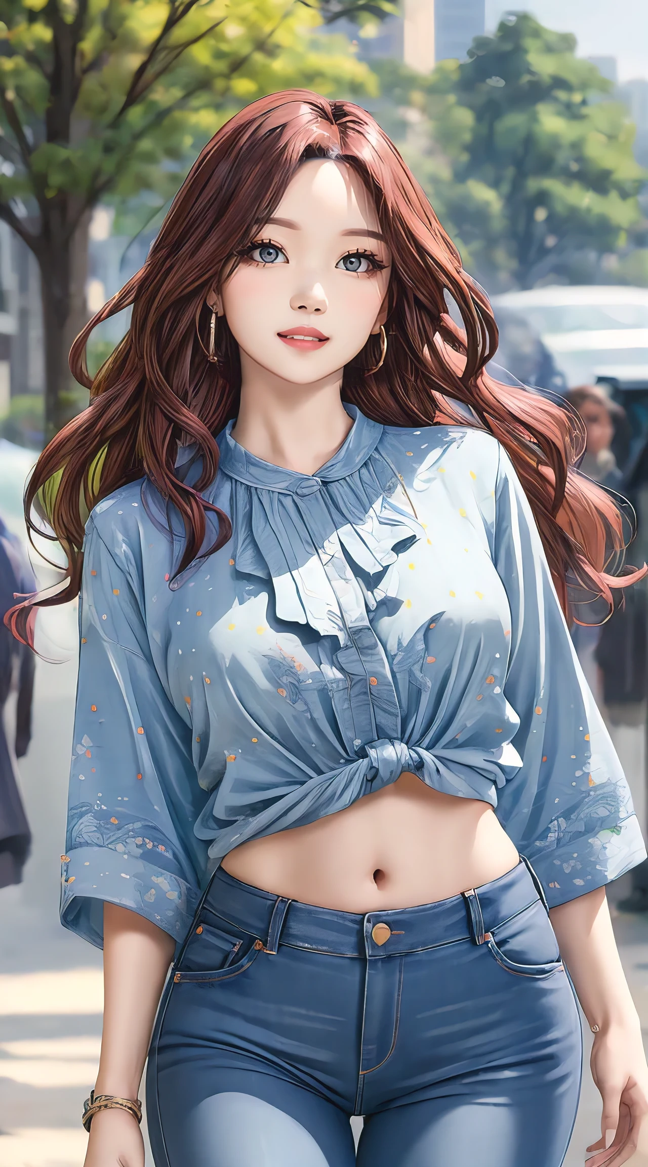 (best quality, masterpiece, ultra-detailed, photorealistic:1.3), wavy hair, wide hips, printed blouse, jeans, city park
