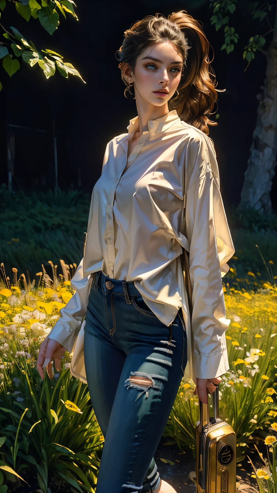 ((masterpiece, best quality, highres, ultra-detailed),(beautiful and aesthetic:1.2), 1woman, adult, perfect body, wavy dark hair, green eyes, high short ponytail, handsome, detailed eyes and face, oversized long shirt, skinny jeans, converse sneakers, golden hour, field of flowers, intricate details