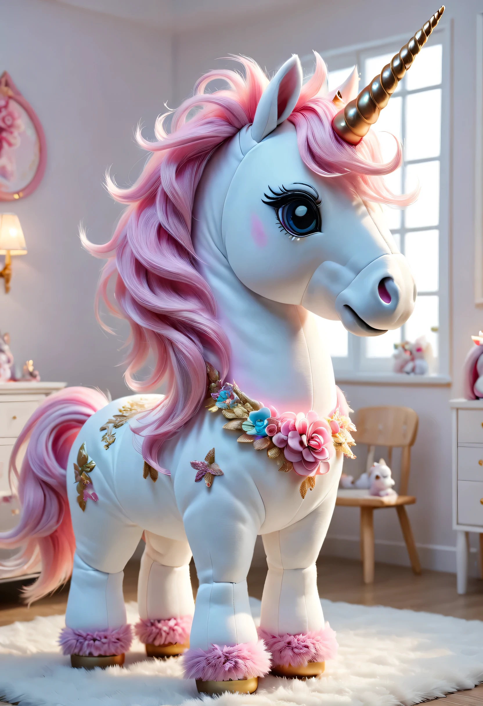 (best quality,4K,8k,high-rise,masterpiece:1.2),Super detailed, beautiful and cute unicorn,beautiful handiwork,Furry toys,cloth,childs room
