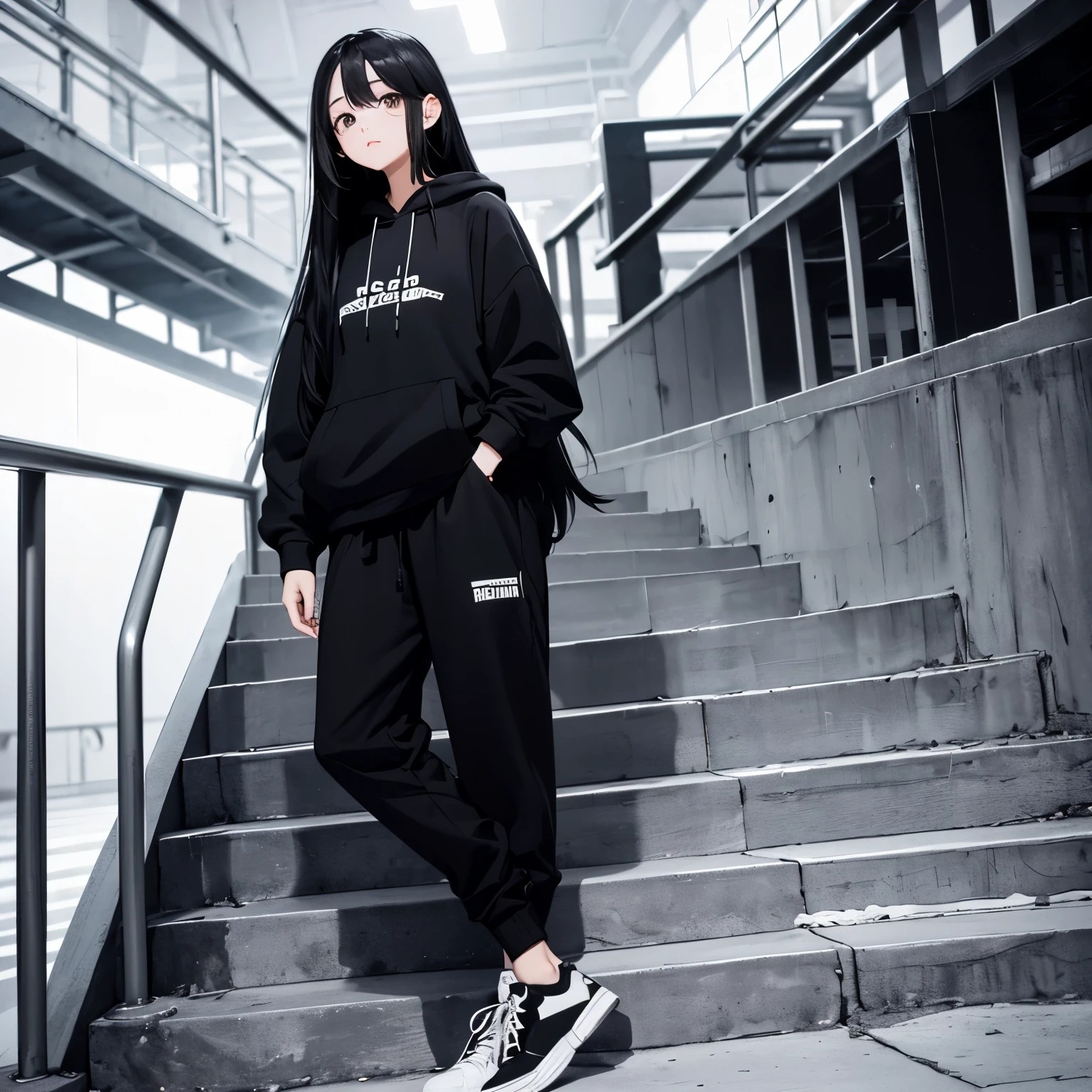 A beautiful and cute girl, long black hair, black and white hoodie, trousers, sneakers, decent, sit, tall, stand stairs, pretty 