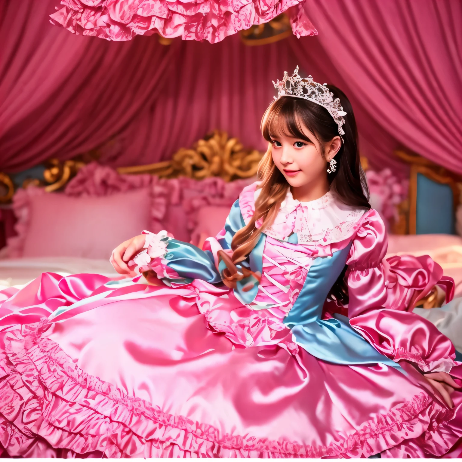 ,highest quality, masterpiece, highest resolution, artwork, super それにget used to it, many get used to it, get used to it, それにget used to it, 3K realistic photos,,((10 year old girl)),Super detailed baby face,She is a princess,Full length ball gown dress with hoop skirt,ruffle yoke collar,puff sleeves,long sleeve,((Lolita style hot pink detailed princess satin dress、Comes with lots of frills and ribbons。)),colorful rococo fashion,shiny satin dress,Soft and smooth fabric,luxury,long blonde hair,blue eyes,white skin european,pajamas,((inside the palace)),,,(( of 10 years old)),Super detailed baby face,Full length ball gown dress with hoop skirt,long skirt,ruffle yoke collar,puff sleeves,腰まで伸びるlong blonde hair,blue eyes,white skin european,pajamas,((inside the palace bedroom)),ピンクのシルクサテンのluxuryなcanopy bedの上,canopy bed,Luxurious curtains on both sides of the bed,many frilly pillows on the bed,super detailed background,Detailed bed,romantic atmosphere,the little princess is on the bed,hug a pink pillow,((((Both legs are hidden in the dress)))),the dress is spread out on the bed,soft pink silk satin comforter,soft silk satin ruffled pillow,Beautiful girl illustration,detailed beautiful face detailed hair,detailed human eye ,detailed mouth, arm details,fine hands,Detailed pillow,