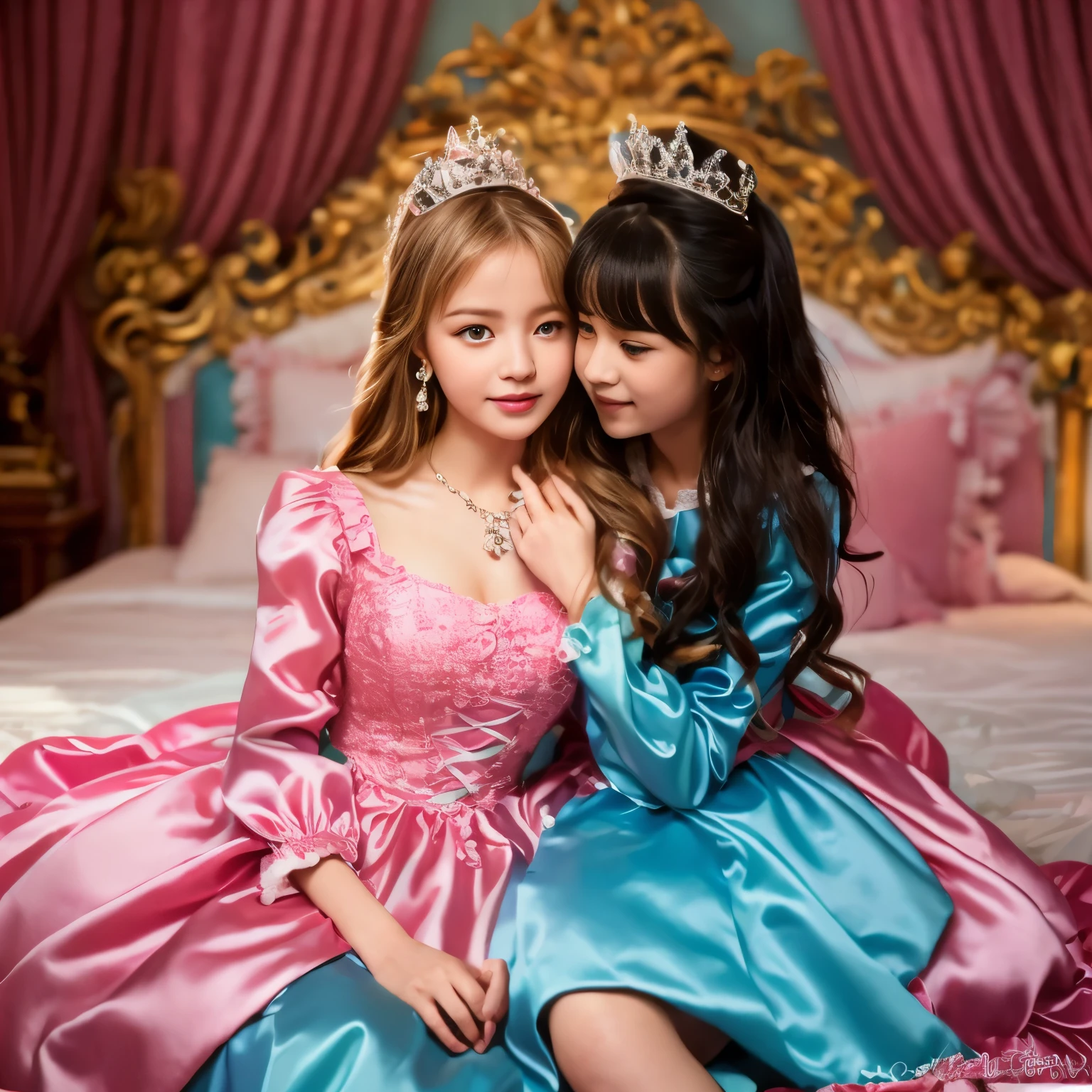 ,highest quality, masterpiece, highest resolution, artwork, super それにget used to it, many get used to it, get used to it, それにget used to it, 3K realistic photos,,(( girl)),Super detailed baby face,Srincess,Full length ball gown dress with hoop skirt,ruffle yoke collar,puff sleeves,long sleeve,((Lolita style hot pink detailed princess satin dress、Comes with lots of frills and ribbons。)),colorful rococo fashion,shiny satin dress,Soft and smooth fabric,luxury,long blonde hair,blue eyes,white skin european,pajamas,((inside the palace)),,,(( of 10 years old)),Superby face,Full length ball gown h hoop skirt,long skirt,ruffle yoke collar,puff sleeves,腰まで伸びるlong blonde hair,blue eyes,white skin european,pajamas,((inside the palace bedroom)),ピンクのシルクサテンのluxuryなcanopy bedの上,canopy bed,Luxurious curtains on both sides of the bed,many frilly pillows on the bed,super detailed background,Detailed bed,romantic atmosphere,the little princess is on the bed,hug a pink ,((((Both legs are hidden in the dress)))),the dress is spread out on the bed,soft pink silk satin comforter,soft silk satin ruffled pillow,Beautiful girl illustration,detailed beautiful face detailed hair,detailed human eye ,detailed mouth, arm details,fine hands,Detailed pillow,