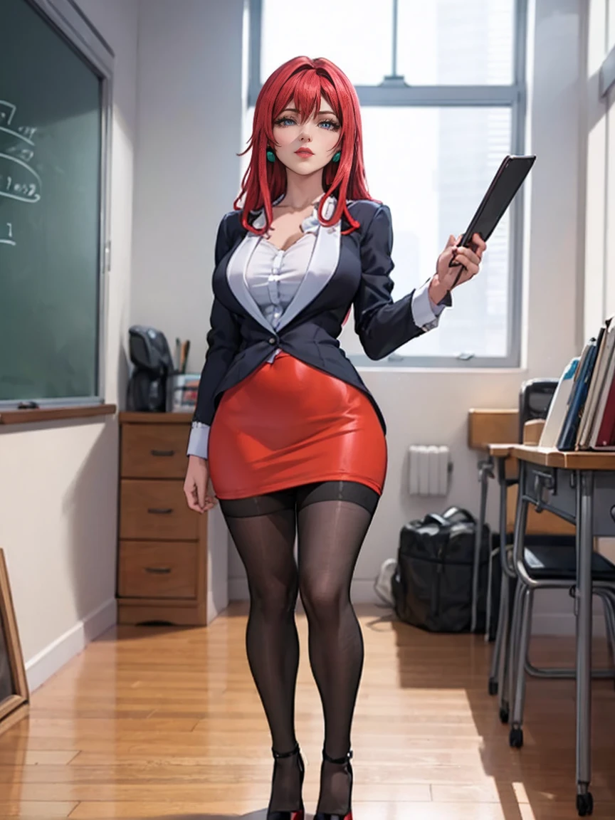 illustration by Hiroko Takashiro, elegant, delicate, reflection, shine, sharp focus, detailed painting, masterpiece, standing near blackboard, holding chalk, classroom, (red hair: 1.05), long hair, lipstick, makeup, (eyes black: 1.05), earrings, (black stockings, 1.1), pencil skirt, high heels, blazer
