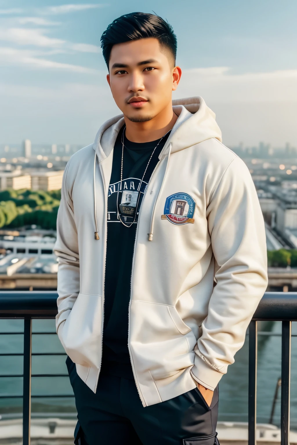 1man,wear baseball jacket,cargo pants,handsome, Indonesian, photography, photoreallistic,8k,1080p, Fujifilm RAW photo, a portrait photo of 30 y.o Indonesian man in hoodie, Eiffel tower, (high detailed skin:1.2), 8k uhd, dslr, soft lighting, high quality, film grain, Fujifilm XT3,1080p.