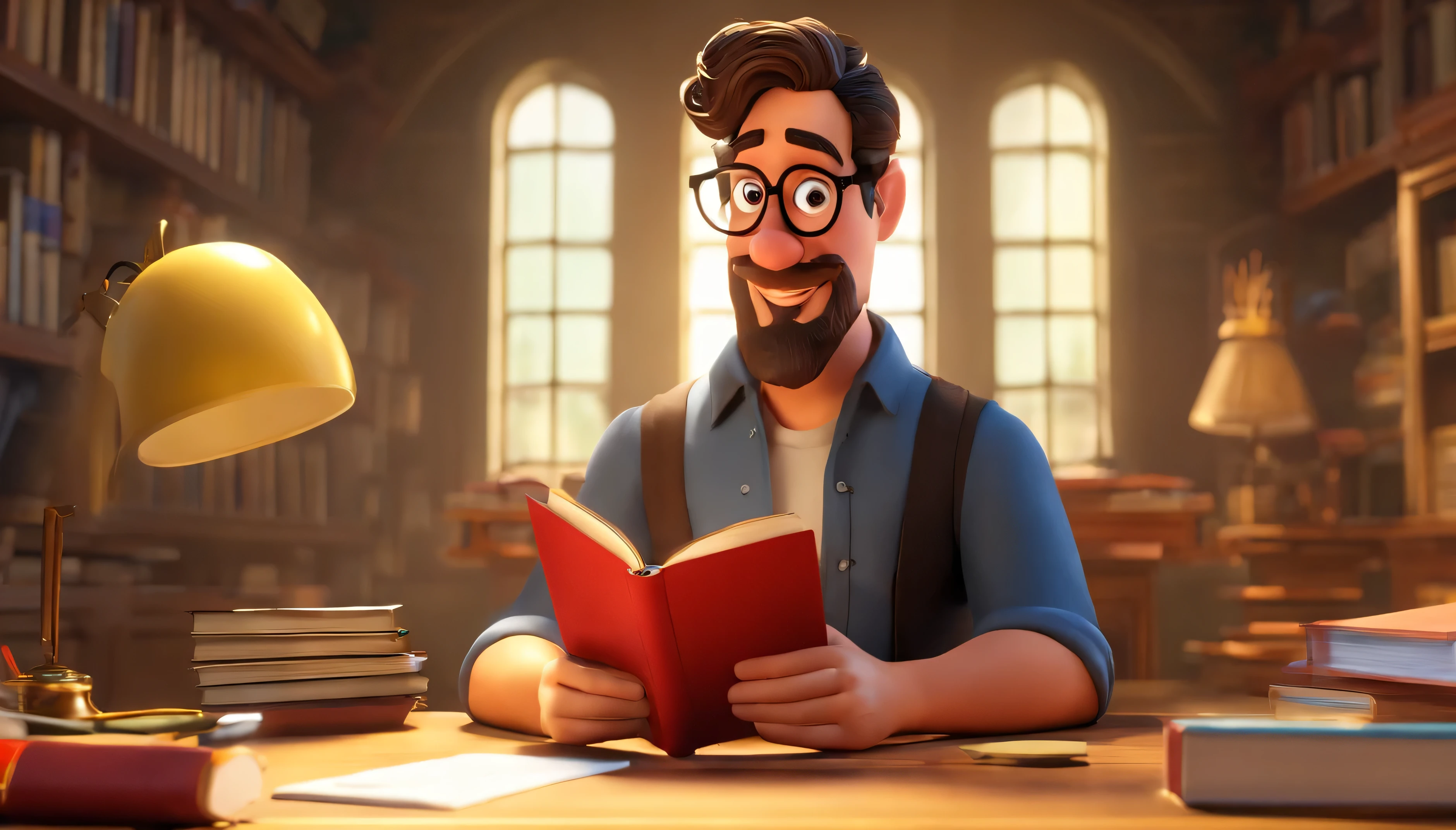 Crie um cartaz inspirado na Disney Pixar com o personagem sendo o pastor Rubens Janier, A brown-haired man wearing glasses, In an office with a book on the table