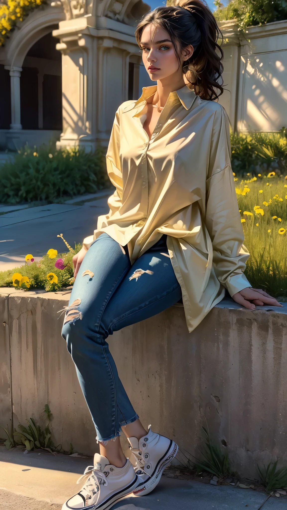 ((masterpiece, best quality, highres, ultra-detailed),(beautiful and aesthetic:1.2), 1woman, adult, perfect body, wavy dark hair, green eyes, high short ponytail, handsome, detailed eyes and face, oversized long shirt, skinny jeans, converse sneakers, golden hour, field of flowers, intricate details