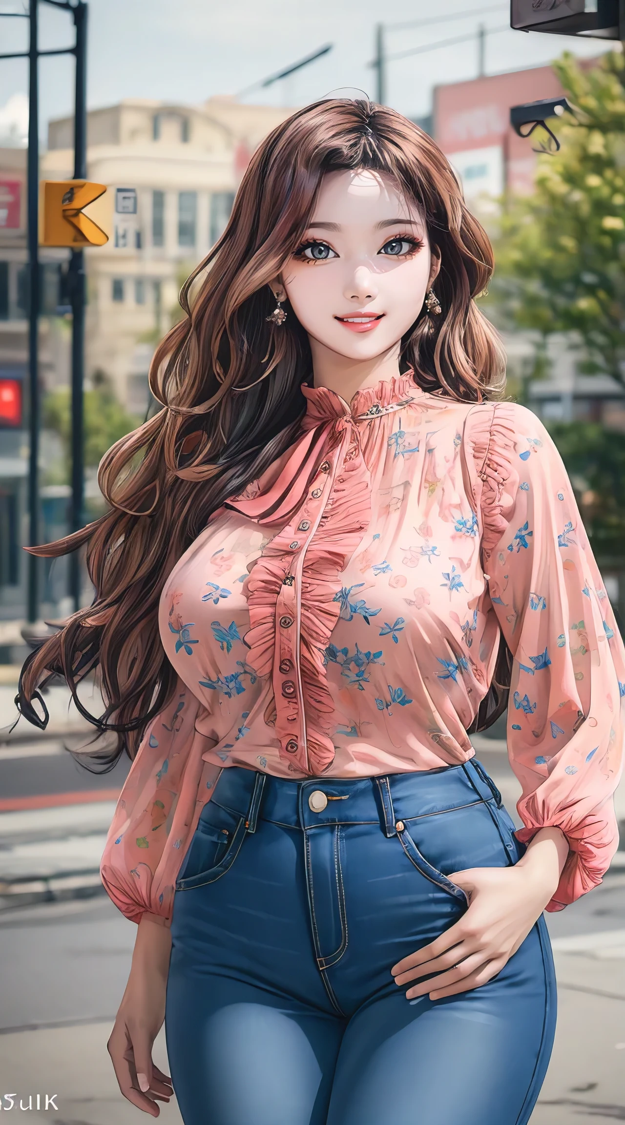 (best quality, masterpiece, ultra-detailed, photorealistic:1.3), wavy hair, wide hips, printed blouse, jeans, city park
