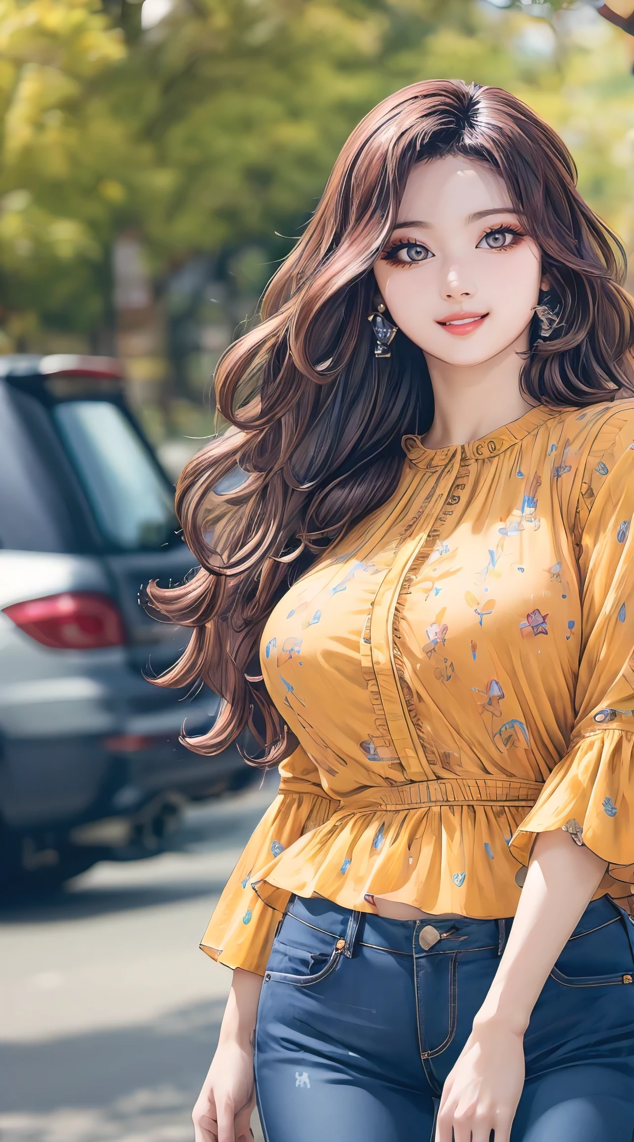 (best quality, masterpiece, ultra-detailed, photorealistic:1.3), wavy hair, wide hips, printed blouse, jeans, city park
