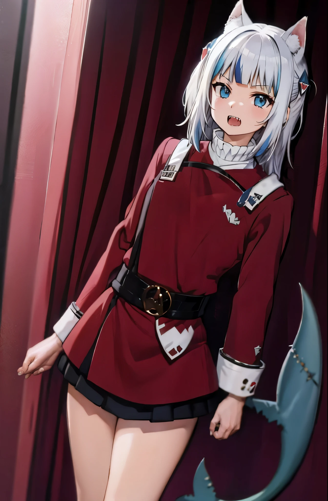 gawr gura
sharp teeth, shark tail
red twokunf uniform