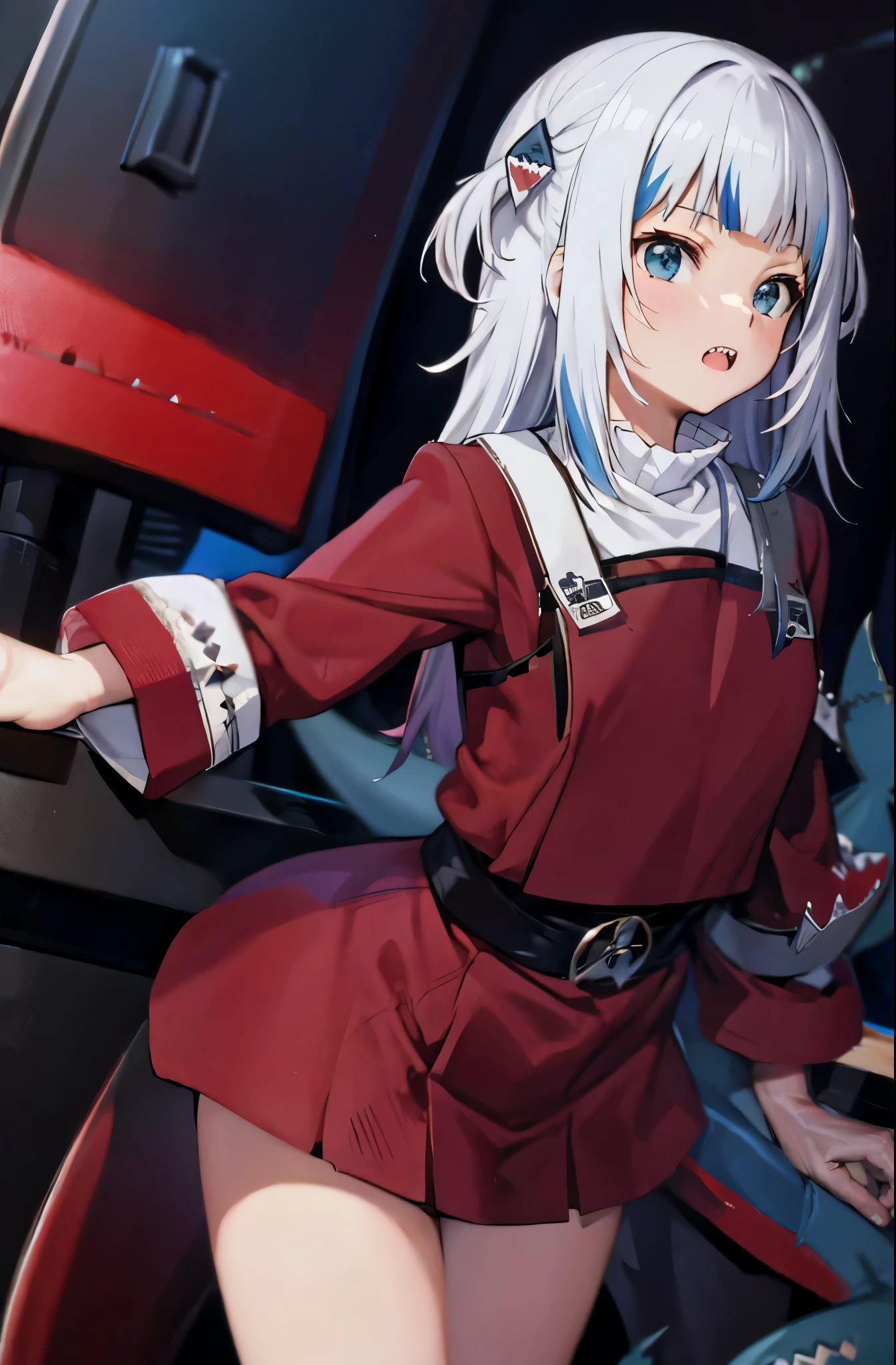 gawr gura
sharp teeth, shark tail
red twokunf uniform