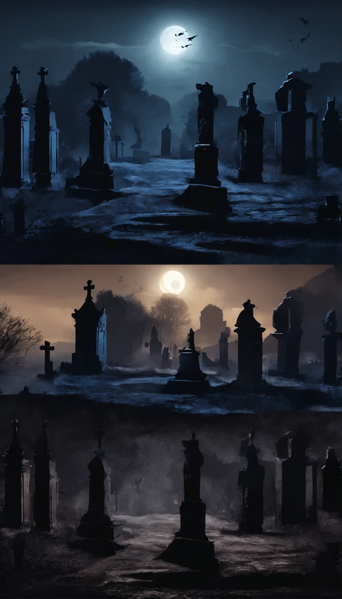 Images of shadows falling on cemetery tombstones at midnight. Imagem realista, high resolution, 8k, obra-prima