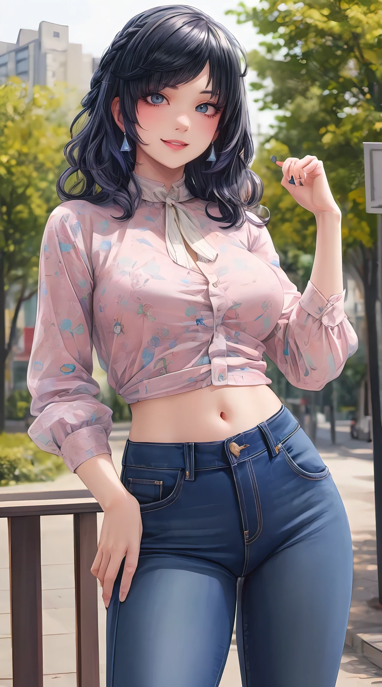 (best quality, masterpiece, ultra-detailed, photorealistic:1.3), wavy hair, wide hips, printed blouse, jeans, city park
