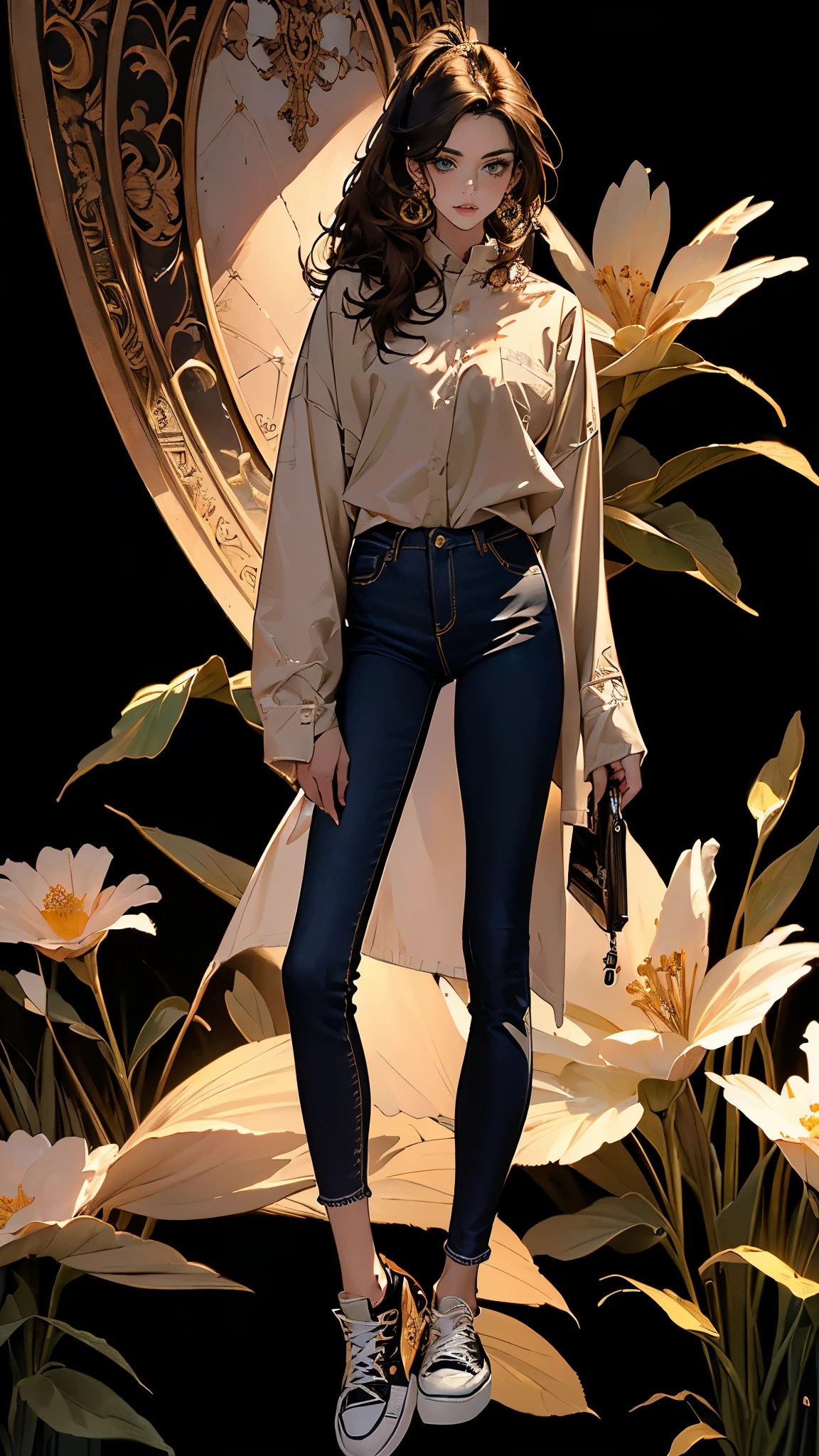 ((masterpiece, best quality, highres, ultra-detailed),(beautiful and aesthetic:1.2), 1woman, adult, perfect body, wavy dark hair, green eyes, high short ponytail, handsome, detailed eyes and face, oversized long shirt, skinny jeans, converse sneakers, golden hour, field of flowers, intricate details