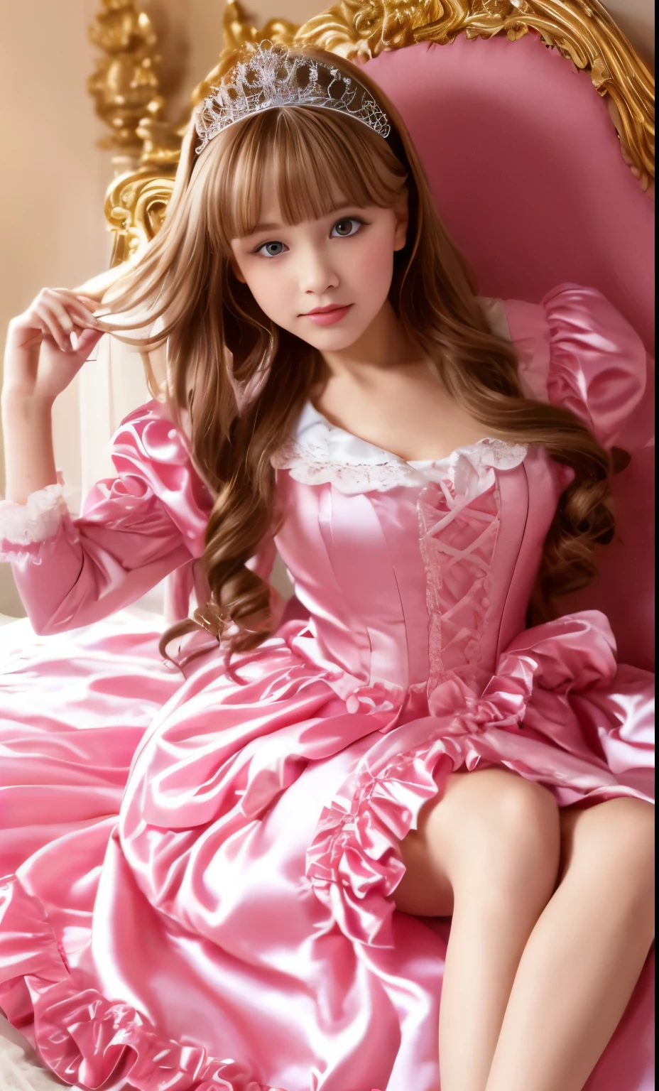 ,highest quality, masterpiece, highest resolution, artwork, super それにget used to it, many get used to it, get used to it, それにget used to it, 3K realistic photos,,(( girl)),Super detailed baby face,Srincess,Full length ball gown dress with hoop skirt,ruffle yoke collar,puff sleeves,long sleeve,((Lolita style hot pink detailed princess satin dress、Comes with lots of frills and ribbons。)),colorful rococo fashion,shiny satin dress,Soft and smooth fabric,luxury,long blonde hair,blue eyes,white skin european,pajamas,((inside the palace)),,,((  of 10 years old)),Superby face,Full length ball gown h hoop skirt,long skirt,ruffle yoke collar,puff sleeves,腰まで伸びるlong blonde hair,blue eyes,white skin european,pajamas,((inside the palace bedroom)),ピンクのシルクサテンのluxuryなcanopy bedの上,canopy bed,Luxurious curtains on both sides of the bed,many frilly pillows on the bed,super detailed background,Detailed bed,romantic atmosphere,the little princess is on the bed,hug a pink ,((((Both legs are hidden in the dress)))),the dress is spread out on the bed,soft pink silk satin comforter,soft silk satin ruffled pillow,Beautiful girl illustration,detailed beautiful face detailed hair,detailed human eye ,detailed mouth, arm details,fine hands,Detailed pillow,