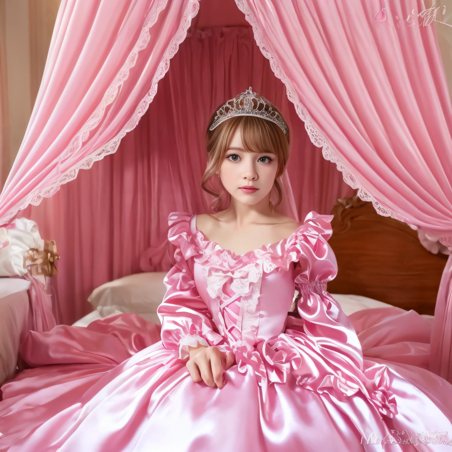 ,highest quality, masterpiece, highest resolution, artwork, super それにget used to it, many get used to it, get used to it, それにget used to it, 3K realistic photos,,((10 year old girl)),Super detailed baby face,She is a princess,Full length ball gown dress with hoop skirt,ruffle yoke collar,puff sleeves,long sleeve,((Lolita style hot pink detailed princess satin dress、Comes with lots of frills and ribbons。)),colorful rococo fashion,shiny satin dress,Soft and smooth fabric,luxury,long blonde hair,blue eyes,white skin european,pajamas,((inside the palace)),,,((  of 10 years old)),Super detailed baby face,Full length ball gown dress with hoop skirt,long skirt,ruffle yoke collar,puff sleeves,腰まで伸びるlong blonde hair,blue eyes,white skin european,pajamas,((inside the palace bedroom)),ピンクのシルクサテンのluxuryなcanopy bedの上,canopy bed,Luxurious curtains on both sides of the bed,many frilly pillows on the bed,super detailed background,Detailed bed,romantic atmosphere,the little princess is on the bed,hug a pink pillow,((((Both legs are hidden in the dress)))),the dress is spread out on the bed,soft pink silk satin comforter,soft silk satin ruffled pillow,Beautiful girl illustration,detailed beautiful face detailed hair,detailed human eye ,detailed mouth, arm details,fine hands,Detailed pillow,