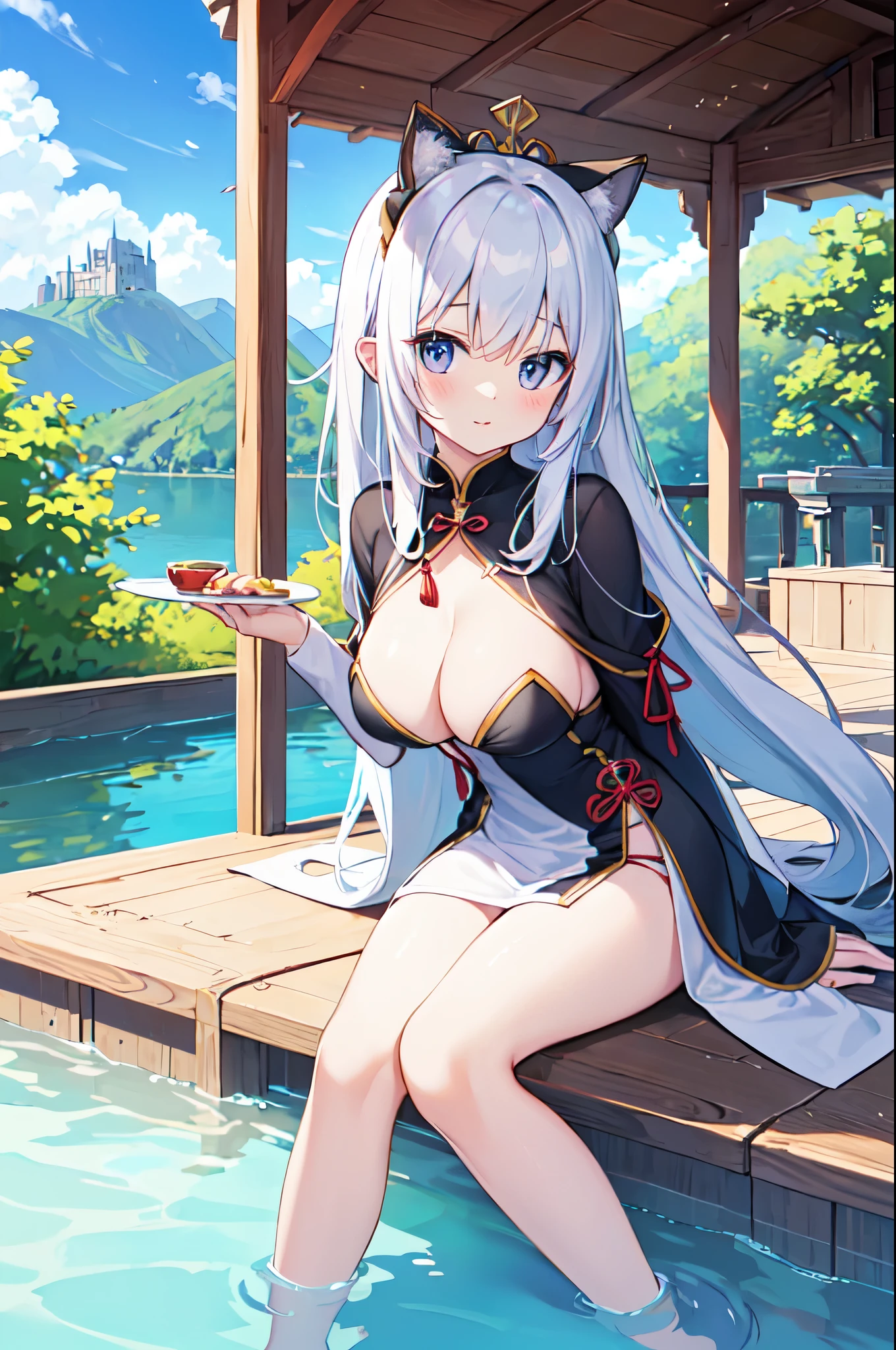 (masterpiece)、(highest quality)、((Super detailed))、(super delicate)、naughty chinese princess、Pastel colors hair、beautiful breasts、gorgeous mountain castle、Fantastic lake、Looking up from under your feet