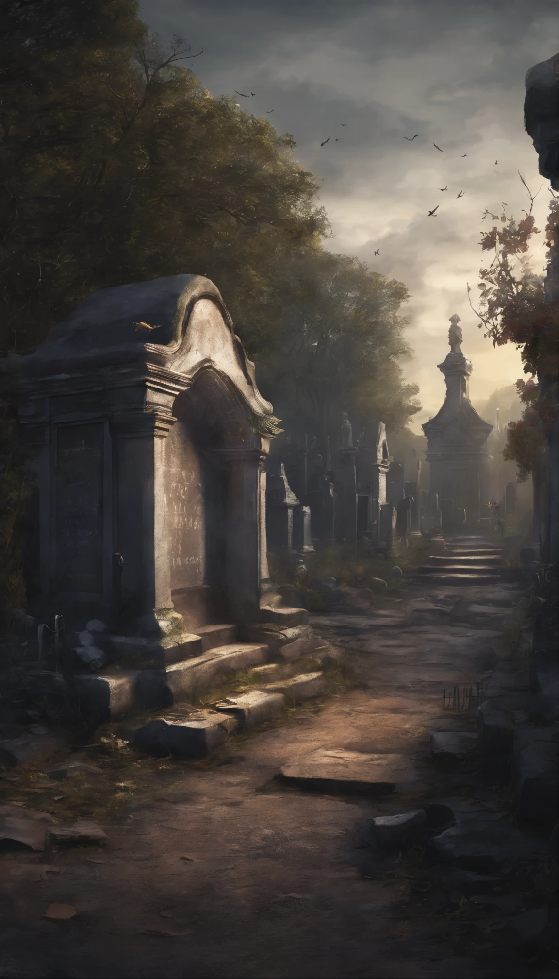 Artist's depiction of a forgotten cemetery beneath the streets. Imagem realista, high resolution, 8k