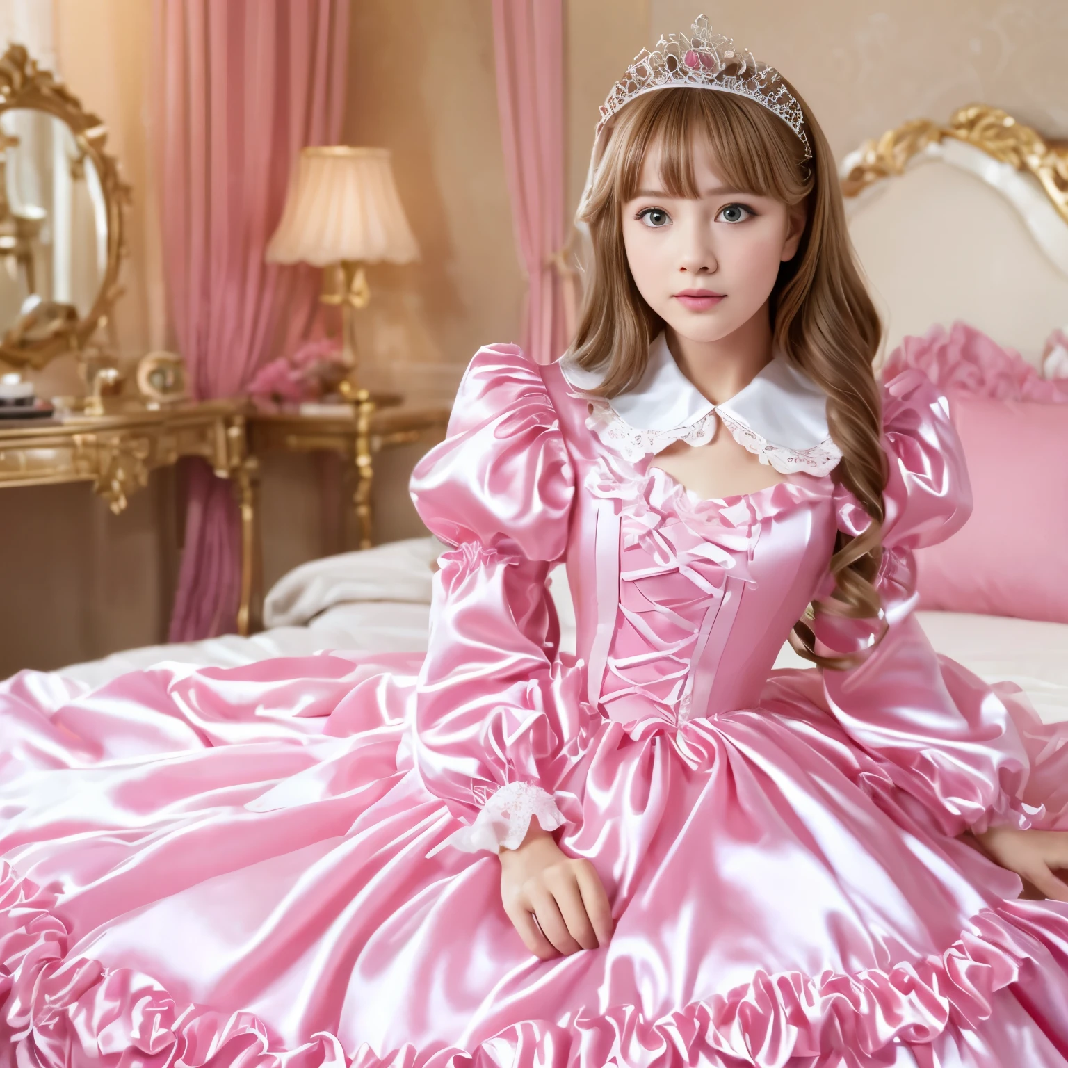 ,highest quality, masterpiece, highest resolution, artwork, super それにget used to it, many get used to it, get used to it, それにget used to it, 3K realistic photos,,((10 year old girl)),Super detailed baby face,She is a princess,Full length ball gown dress with hoop skirt,ruffle yoke collar,puff sleeves,long sleeve,((ta style hot pink detailed princess satin dress、Comes with lots of frills and ribbons。)),colorful rococo fashion,shiny satin dress,Soft and smooth fabric,luxury,long blonde hair,blue eyes,white skin european,pajamas,((inside the palace)),,,(( of 10 yuper detailed baby face,Full length ball gown dress with hoop skirt,long skirt,ruffle yoke collar,puff sleeves,腰まで伸びるlong blonde hair,blue eyes,white skin european,pajamas,((inside the palace bedroom)),ピンクのシルクサテンのluxuryなcanopy bedの上,canopy bed,Luxurious curtains on both sides of the bed,many frilly pillows on the bed,super detailed background,Detailed bed,romantic atmosphere,the little princess is on the bed,hug a pink pillow,((((Both legs are hidden in the dress)))),the dress is spread out on the bed,soft pink silk satin comforter,soft silk satin ruffled pillow,Beautiful girl illustration,detailed beautiful face detailed hair,detailed human eye ,detailed mouth, arm details,fine hands,Detailed pillow,
