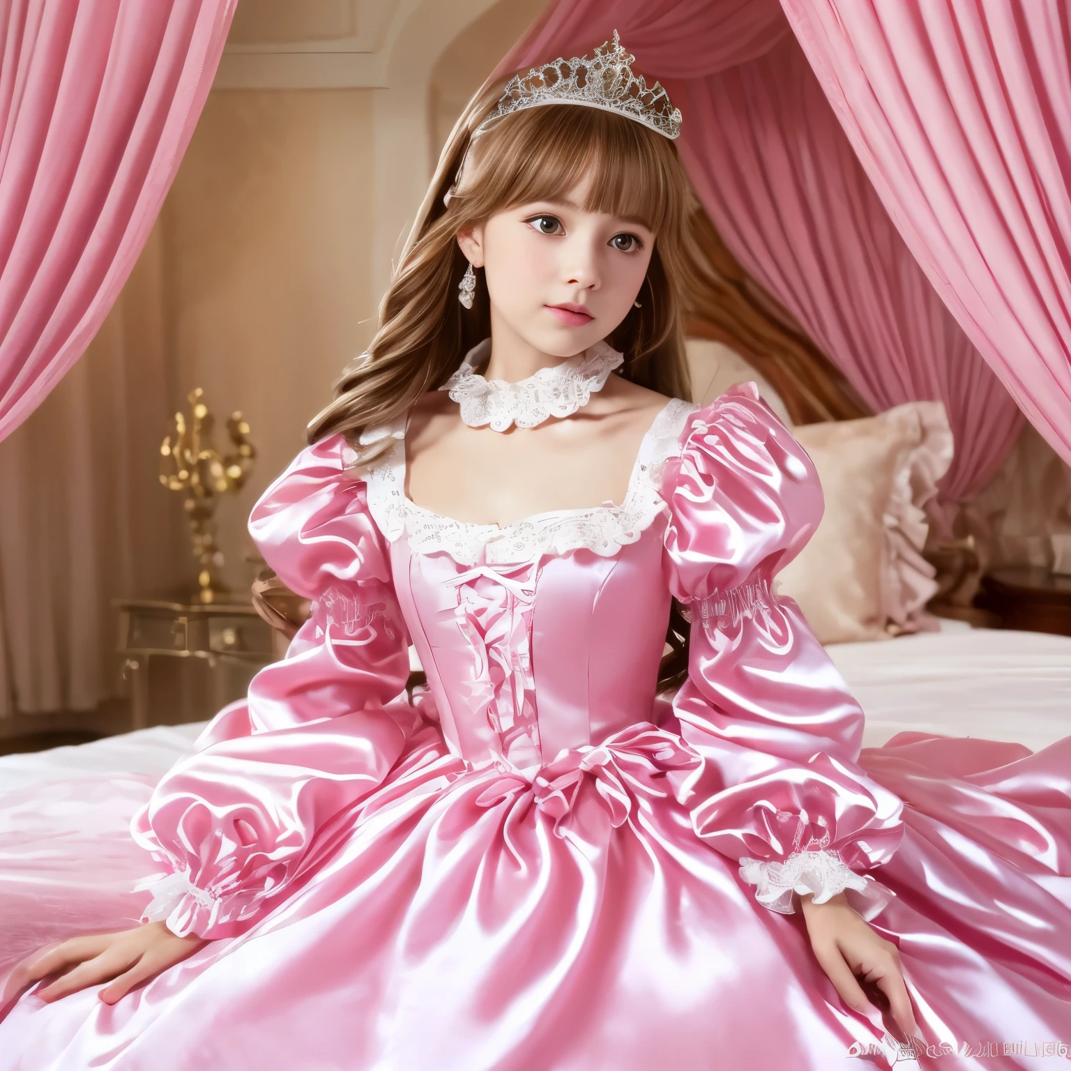 ,highest quality, masterpiece, highest resolution, artwork, super それにget used to it, many get used to it, get used to it, それにget used to it, 3K realistic photos,,(( old girl)),Super detailed baby face,She is a princess,Full length ball gown dress with hoop skirt,ruffle yoke collar,puff sleeves,long sleeve,((Lolita e hot pink detailed princess satin dress、Comes with lots of frills and ribbons。)),colorful rococo fashion,shiny satin dress,Soft and smooth fabric,luxury,long blonde hair,blue eyes,white skin european,pajamas,((inside the palace)),,,(( of 10 years oler detailed baby face,Full length ball gown dress with hoop skirt,long skirt,ruffle yoke collar,puff sleeves,腰まで伸びるlong blonde hair,blue eyes,white skin european,pajamas,((inside the palace bedroom)),ピンクのシルクサテンのluxuryなcanopy bedの上,canopy bed,Luxurious curtains on both sides of the bed,many frilly pillows on the bed,super detailed background,Detailed bed,romantic atmosphere,the little princess is on the bed,hug a pink pillow,((((Both legs are hidden in the dress)))),the dress is spread out on the bed,soft pink silk satin comforter,soft silk satin ruffled pillow,Beautiful girl illustration,detailed beautiful face detailed hair,detailed human eye ,detailed mouth, arm details,fine hands,Detailed pillow,