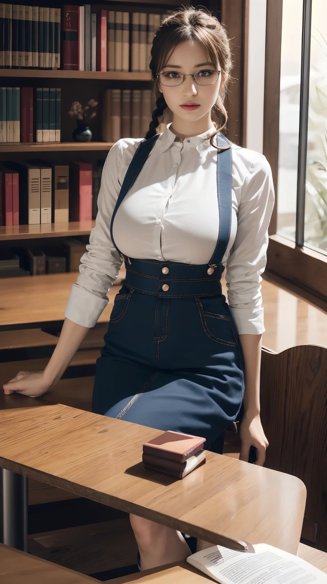 Solo, 1girl, masterpiece, best quality, extremly detailed, Cinematic lighting, intricate detail, highres, official art, finely detailed beautiful face and eyes, high resolution illustration, 8k, dark intense shadows, overexposure, [blonde hair/brown hair], single braid, blue eyes, glasses, smug, sitting on chair, full body, large breasts,  sexy transparent white shirts, yellow suspenders, book_stack, library, ((vine)), rose, looking at the viewer, big breasts 