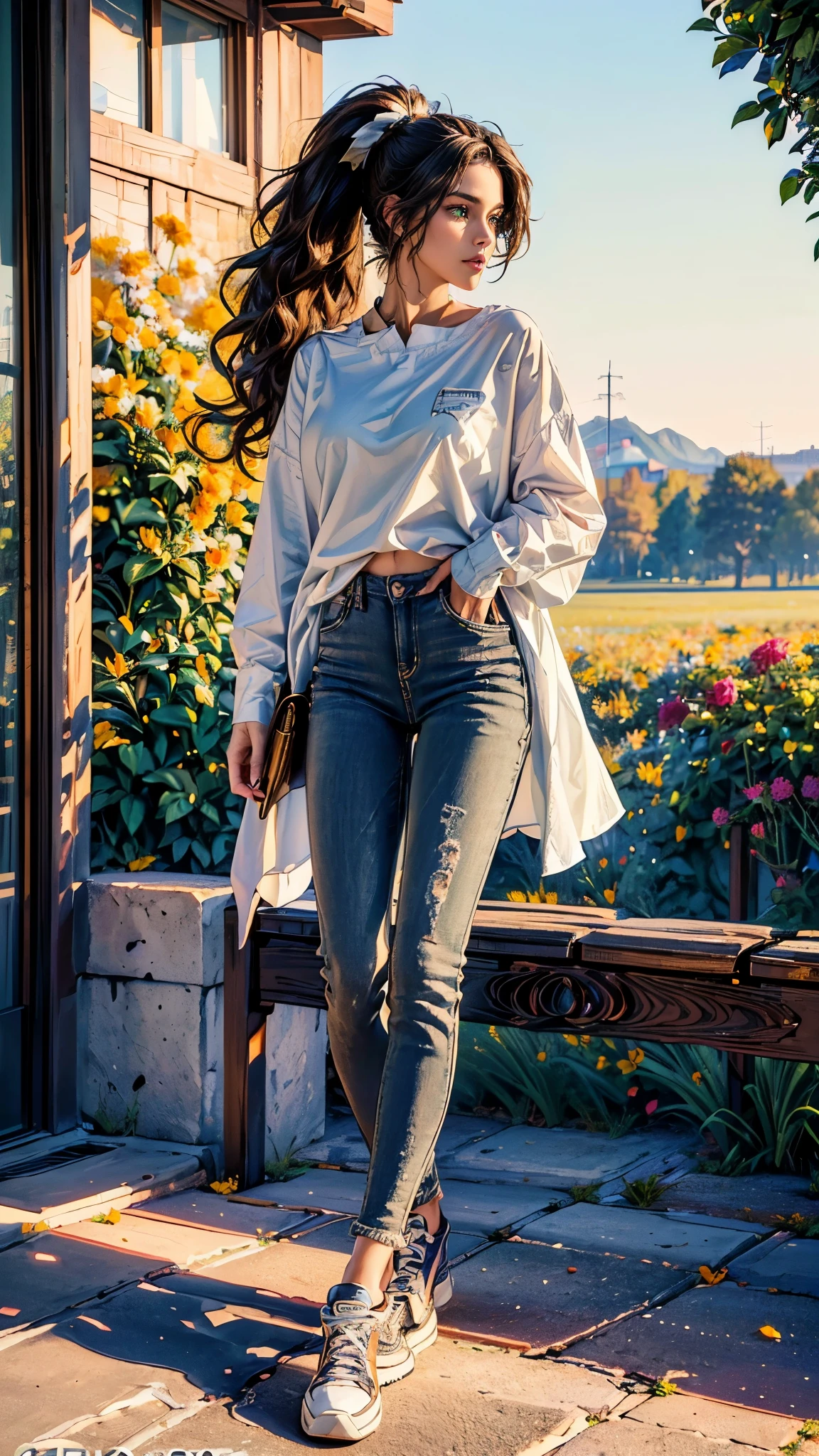 ((masterpiece, best quality, highres, ultra-detailed),(beautiful and aesthetic:1.2), 1woman, adult, perfect body, wavy dark hair, green eyes, high short ponytail, handsome, detailed eyes and face, oversized long shirt, skinny jeans, converse sneakers, golden hour, field of flowers, intricate details