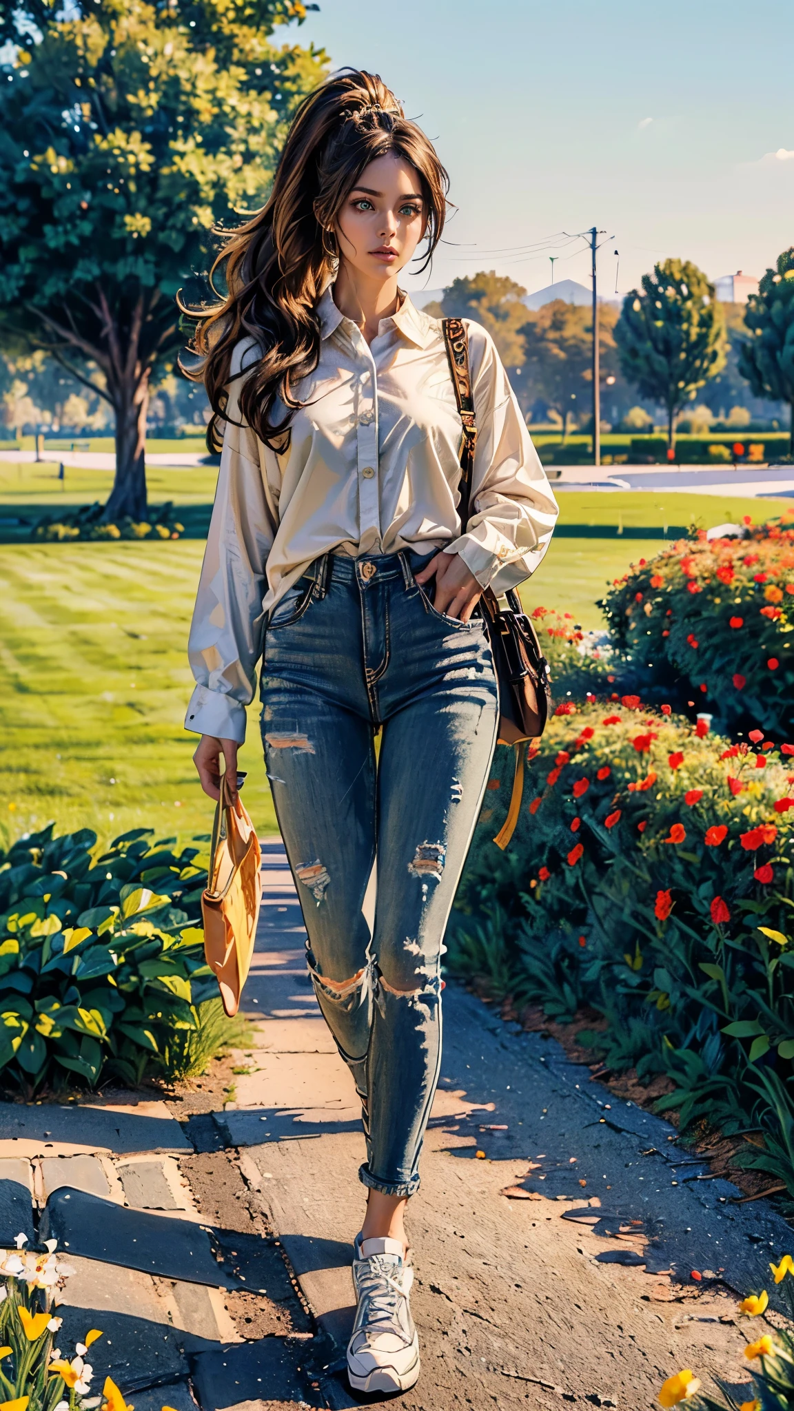 ((masterpiece, best quality, highres, ultra-detailed),(beautiful and aesthetic:1.2), 1woman, adult, perfect body, wavy dark hair, green eyes, high short ponytail, handsome, detailed eyes and face, oversized long shirt, skinny jeans, converse sneakers, golden hour, field of flowers, intricate details