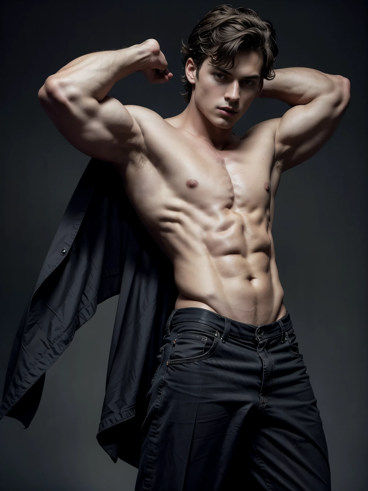 Photorealistic, ((best quality)), ((masterpiece)), (detailed),(full body shot:1.4) masculine portrait of young vampire, 18-year-old male models, handsome, tall, cute looking, evil look, dark look, powerful, young male, handsome model, clean shave, silver eyes, white pale skin, short curly messy brown hair, messy curly hair, short hair, super strong, muscular, fit, massive muscles, six pack, shirtless, barechested, half-naked, topless, muscle, ripped, strong body, fit body, great chest, amazing arms, evil fangs:, 18th century clothes, dark castle background, Dark background:, 8k, high detailed, ultra-detailed, Stylish Pose, real skin texture, dark cinematic lighting
