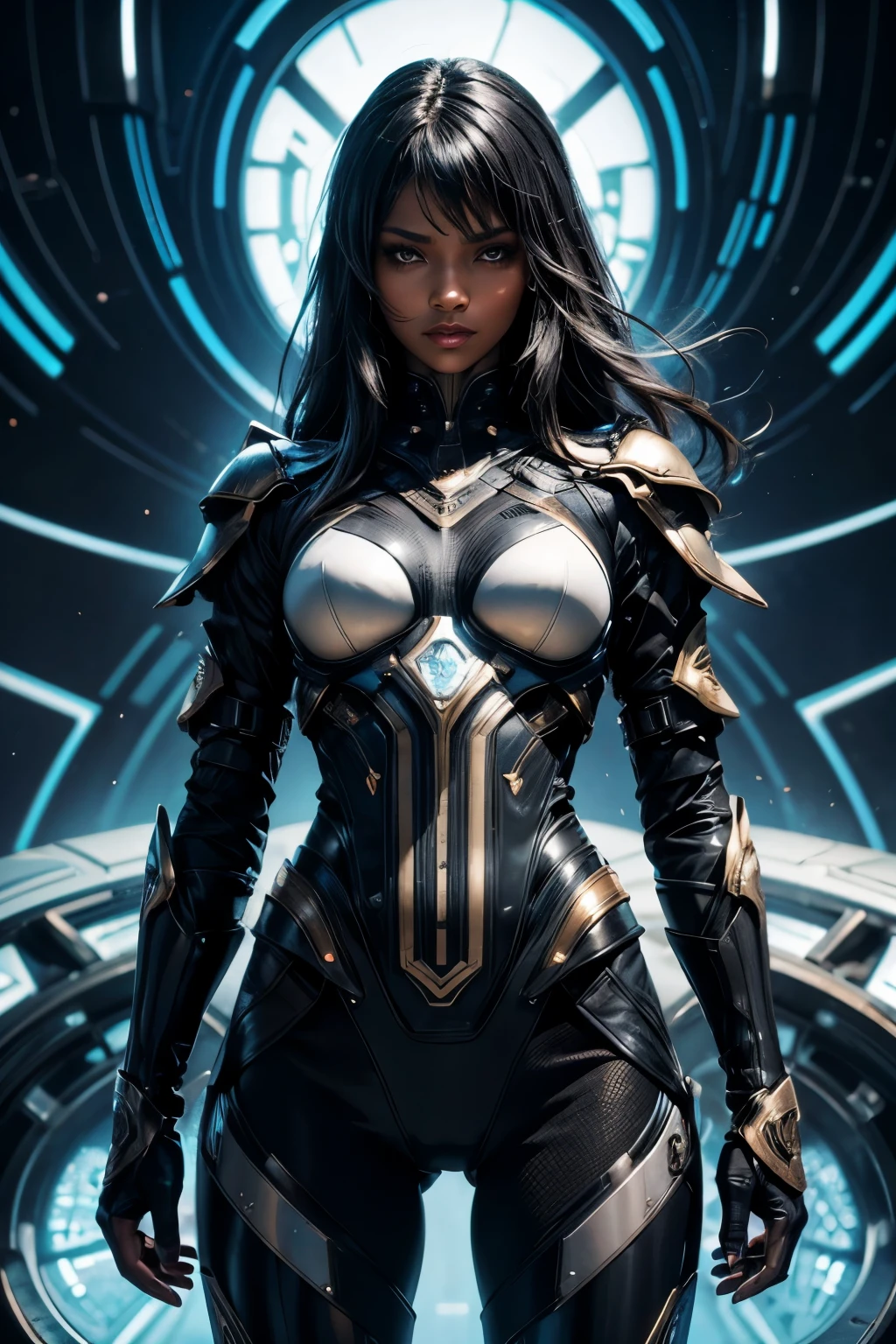 An image of a video game splash screen, First Descendant style, full body portrait of a ((dark-skinned beautiful African woman: 1.7)) with very long black hair, strong body, thick anime body, wearing black gold and hot pink translucent cyber armor, concept art, full body, (masterpiece:1.2), (best quality:1.3), 4K, ultra HD |, ((master part))), (((best quality))), ((ultra detail)),(Highly detailed CG illustration), Cinematic light, camera: Choose an angle that highlights the beauty of the character. resolution: Aim for a high-resolution artwork to showcase intricate details and clarity