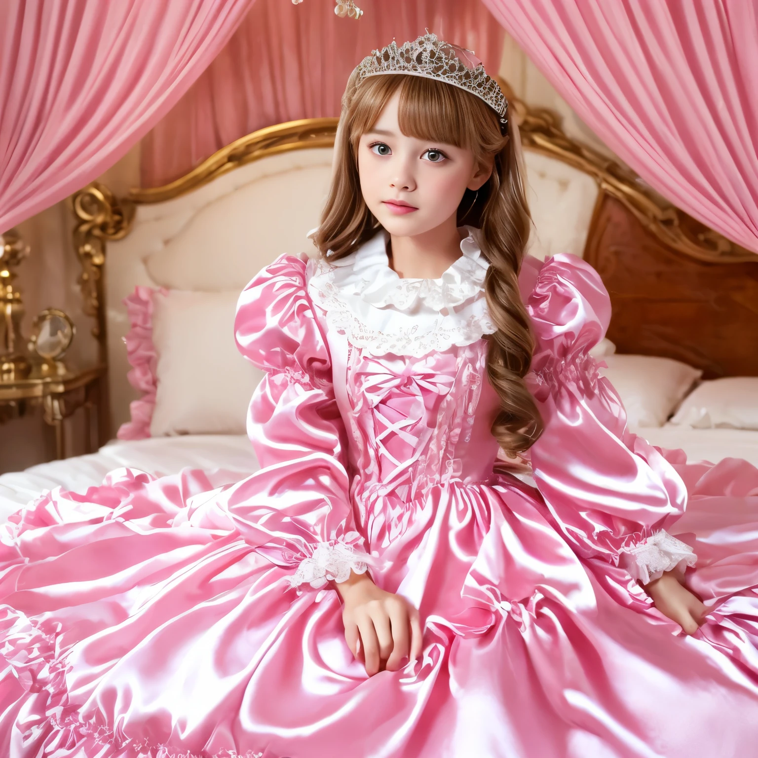 ,highest quality, masterpiece, highest resolution, artwork, super それにget used to it, many get used to it, get used to it, それにget used to it, 3K realistic photos,,((10 year old girl)),Super detailed baby face,She is a princess,Full length ball gown dress with hoop skirt,ruffle yoke collar,puff sleeves,long sleeve,((Lolita style hot pink detailed princess satin dress、Comes with lots of frills and ribbons。)),colorful rococo fashion,shiny satin dress,Soft and smooth fabric,luxury,long blonde hair,blue eyes,white skin european,pajamas,((inside the palace)),,,((  of 10 years old)),Super detailed baby face,Full length ball gown dress with hoop skirt,long skirt,ruffle yoke collar,puff sleeves,腰まで伸びるlong blonde hair,blue eyes,white skin european,pajamas,((inside the palace bedroom)),ピンクのシルクサテンのluxuryなcanopy bedの上,canopy bed,Luxurious curtains on both sides of the bed,many frilly pillows on the bed,super detailed background,Detailed bed,romantic atmosphere,the little princess is on the bed,hug a pink pillow,((((Both legs are hidden in the dress)))),the dress is spread out on the bed,soft pink silk satin comforter,soft silk satin ruffled pillow,Beautiful girl illustration,detailed beautiful face detailed hair,detailed human eye ,detailed mouth, arm details,fine hands,Detailed pillow,