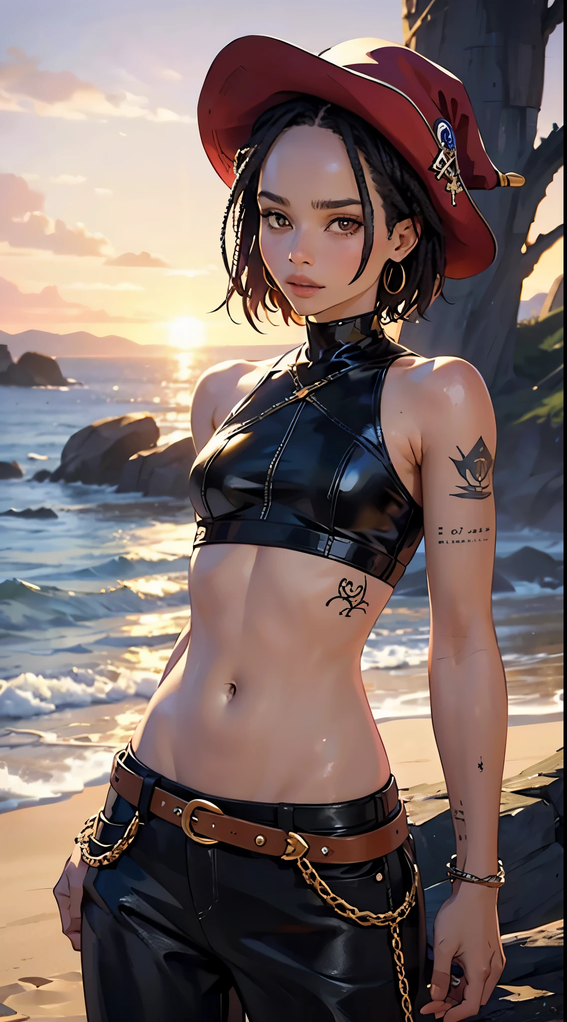 Zoe Kravitz character(1.1), Zoe Kravitz face, wonderful girl, short hair, pirate clothes, white shirt, leather belts, pirate hat, tattoos(all body), brown eyes (intense color), long pants, intimidating, fantasy setting, sunset, sea coast. Image detailed, vibrant colors.